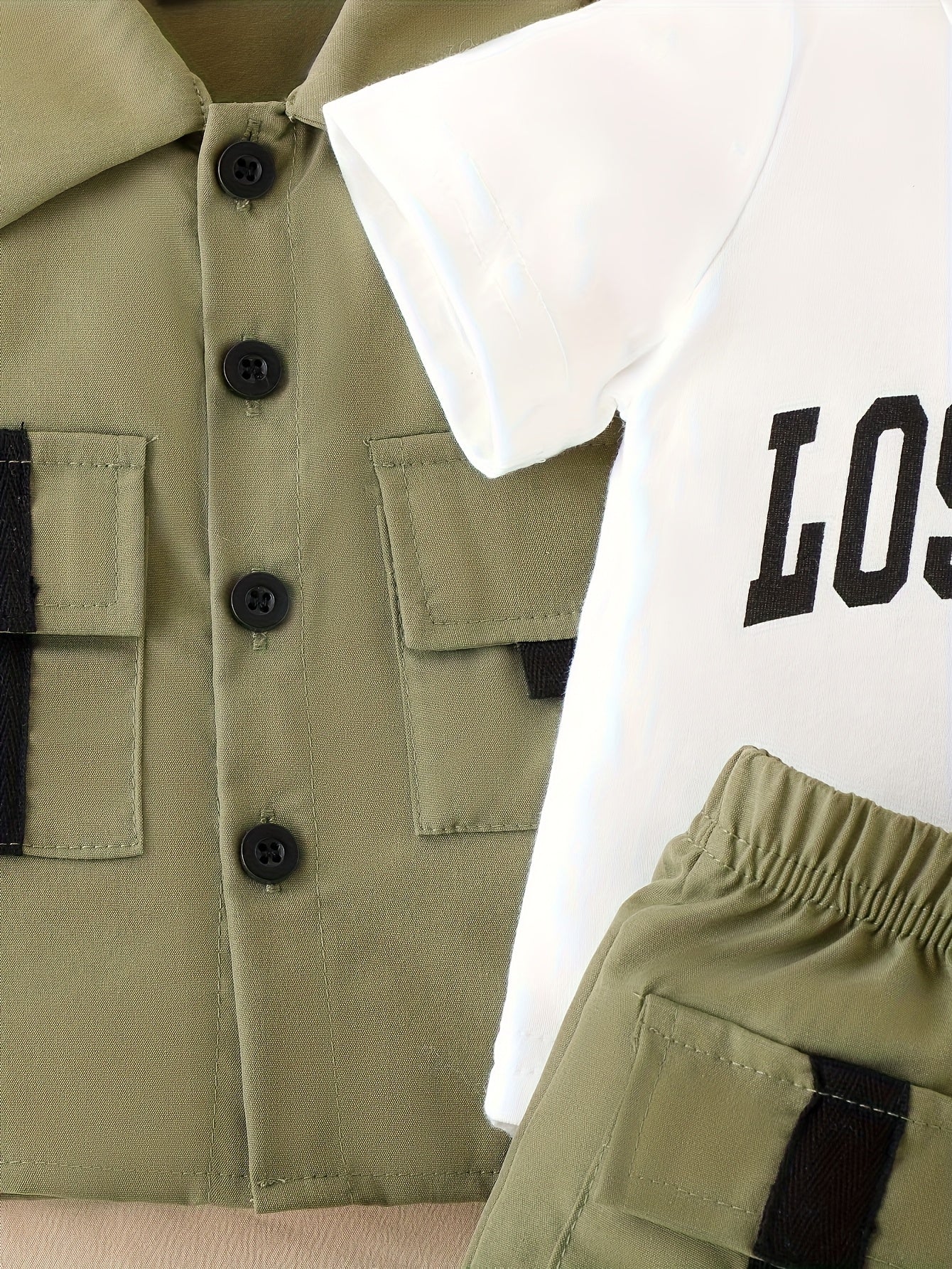 Boys' Summer New Casual Cargo Green Top & White T-Shirt & Versatile Green Shorts Three-Piece Set, for Outdoor, Perfect for Outdoor