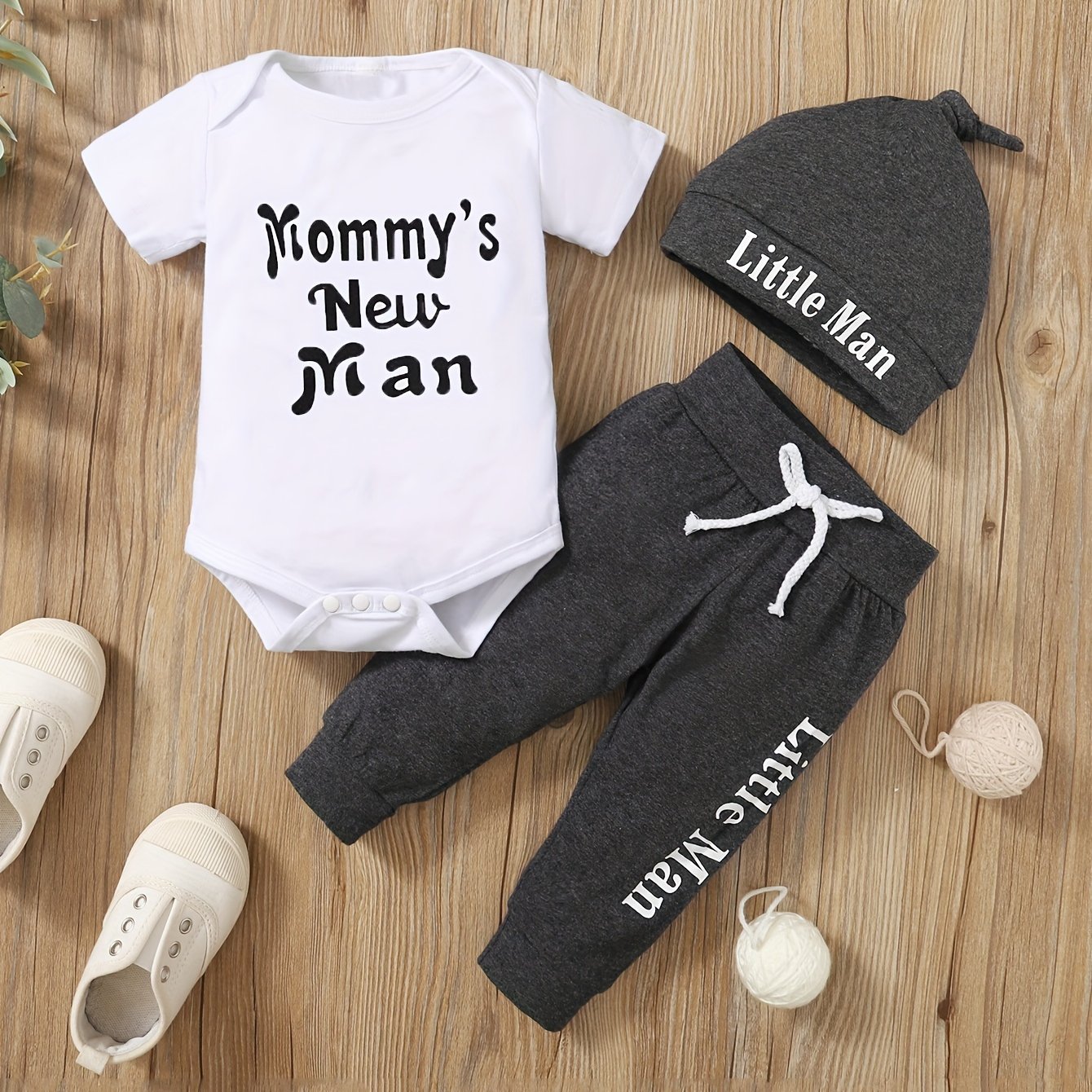 Infant and toddler pure letter printed cotton short sleeved jumpsuit+gray pants+hat three piece set