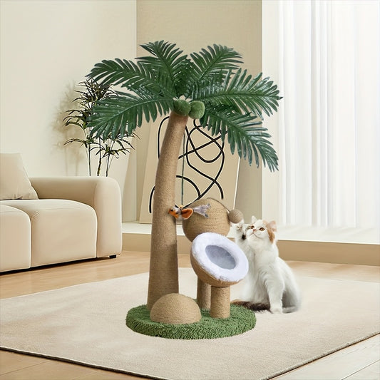 33 Inch Large Cat Scratching Post with Curved Palm Tree Design and Interactive Toys
