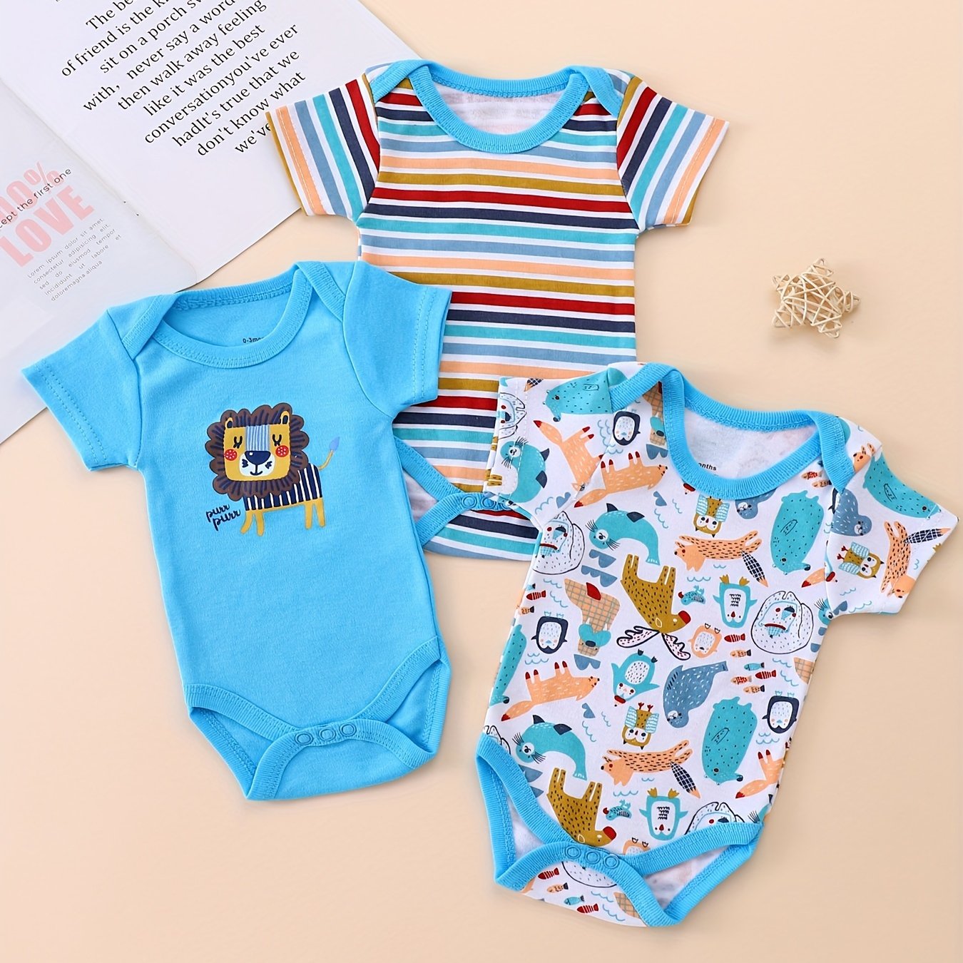 3pcs Baby Boy'S 100% Cotton Short Sleeve Crew Neck Jumpsuit Clothes Summer Triangle Climbing Outdoor Clothes, for Outdoor