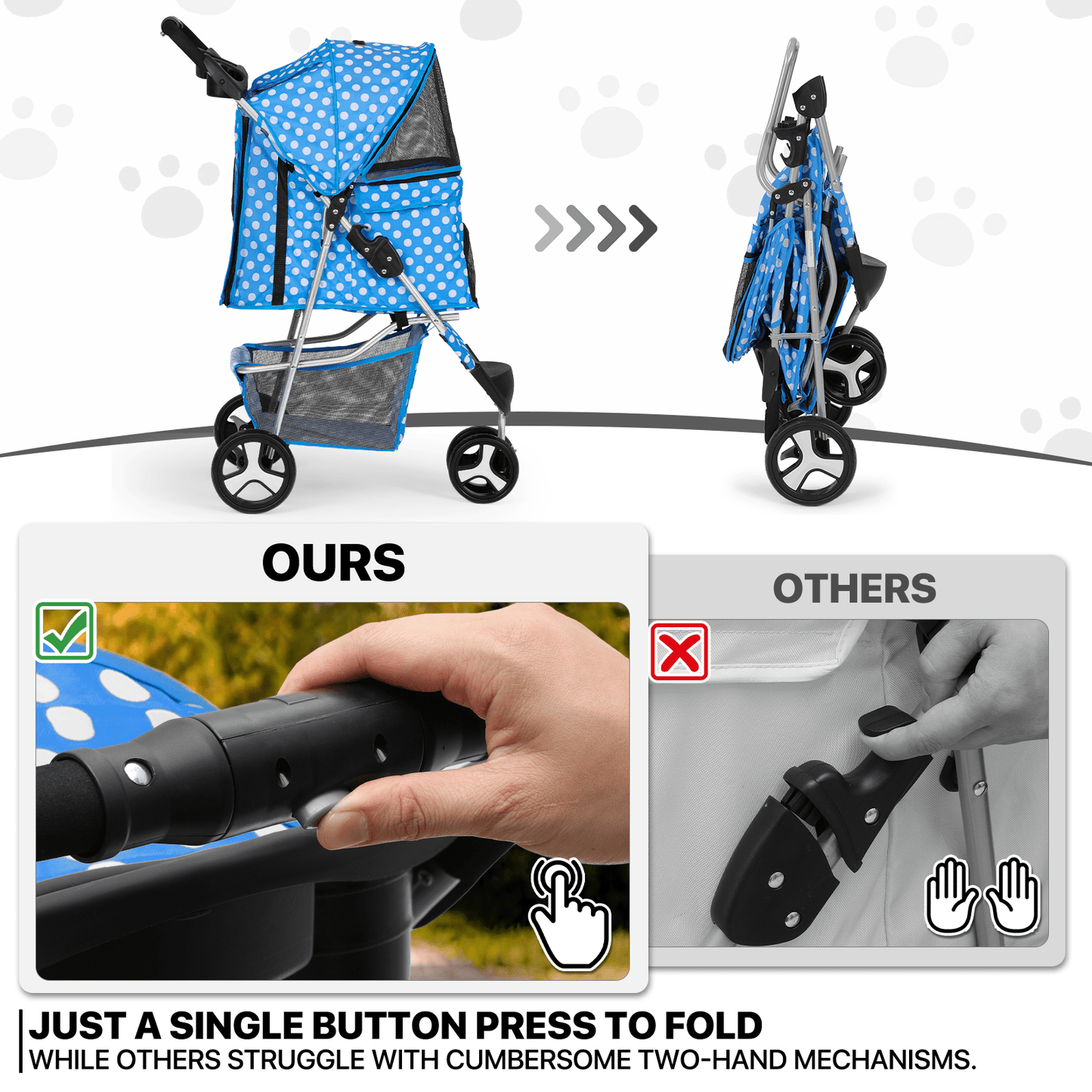 MoNiBloom Foldable Dog Strollers for Small Dogs with Weather Cover, 3 Wheels Pet Strolling Cart for Dogs and Cats with Storage Basket and Cup Holder, Breathable and Visible Mesh for All-Season
