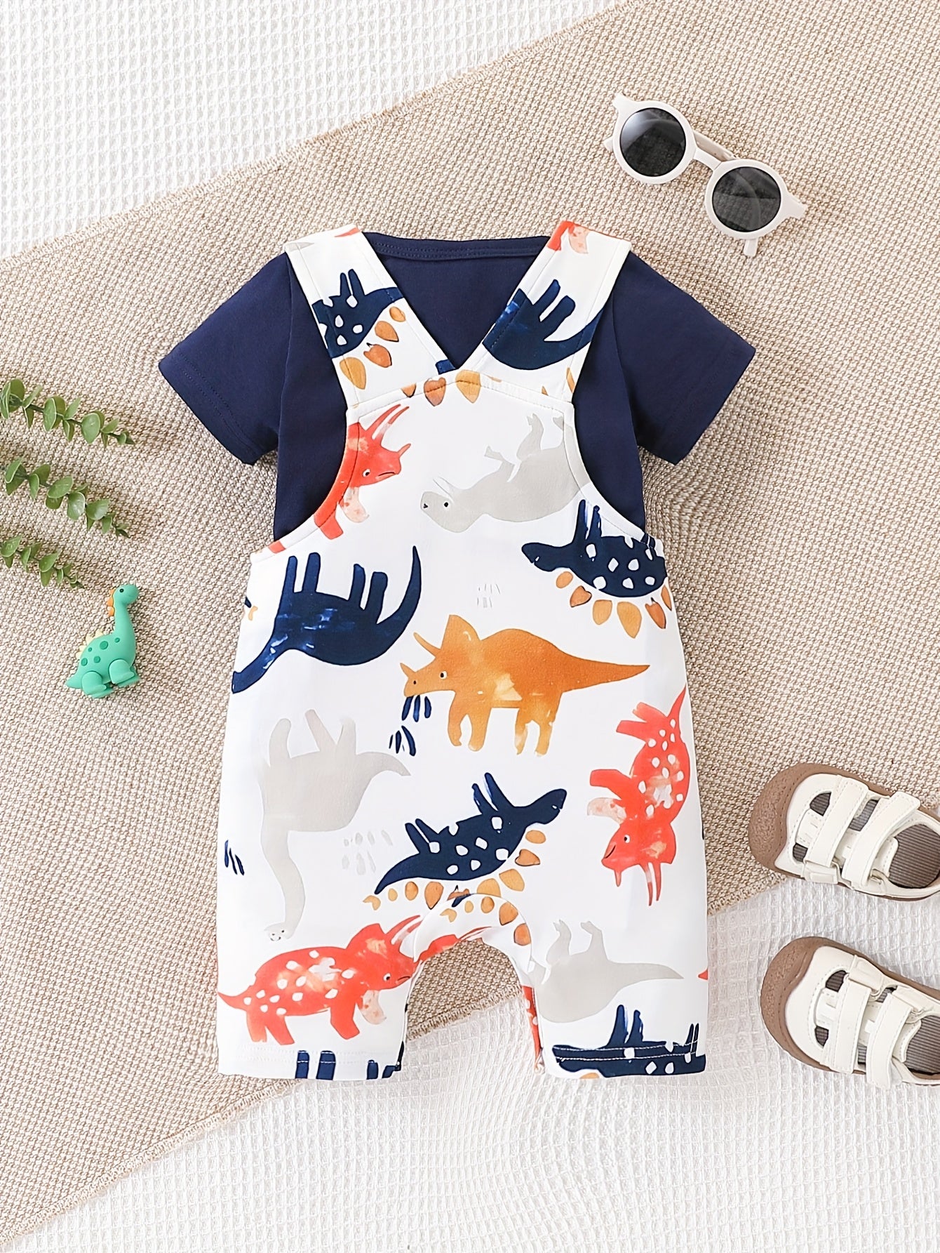 Newborn Baby Boy Clothes Toddler Boys' Short Sleeve T-Shirt+Dinosaur Print Overalls Jumpsuit Short Pants 2pcs Outfits Sets, Perfect for Outdoor