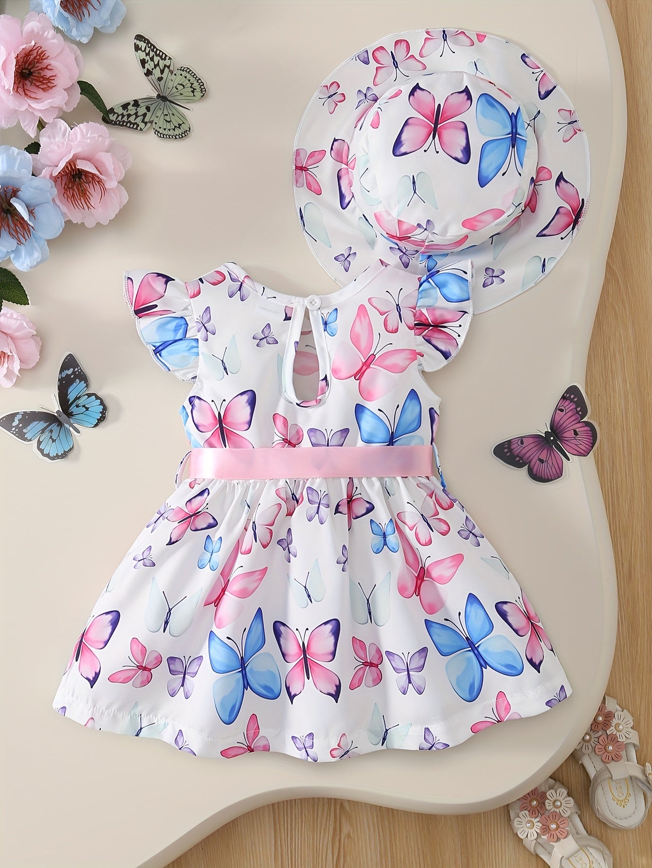 2pcs Baby Girl Butterfly Print Dress Set with Fly Sleeves and Sun Hat for Summer Fun