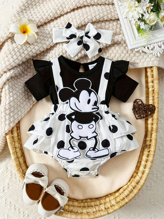 2pcss Set Of Baby Girl Fake, 2pcss Short Sleeved Short Sleeved Polka Dot Suspender Jumpsuit, Cartoon Mouse Embroidery 3D Doll Jumpsuit, Pants Set For Baby Girl'S Clothes, for Outdoor