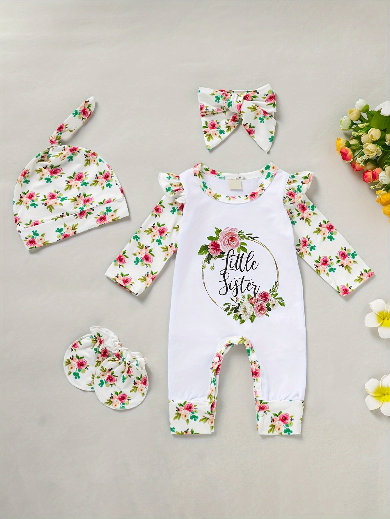 [Floral Baby Romper] Floral Newborn Baby Girl Romper | Infant Letter Print Bodysuit Jumpsuit+Hat+Headband+Gloves Coming Home Clothes Outfits