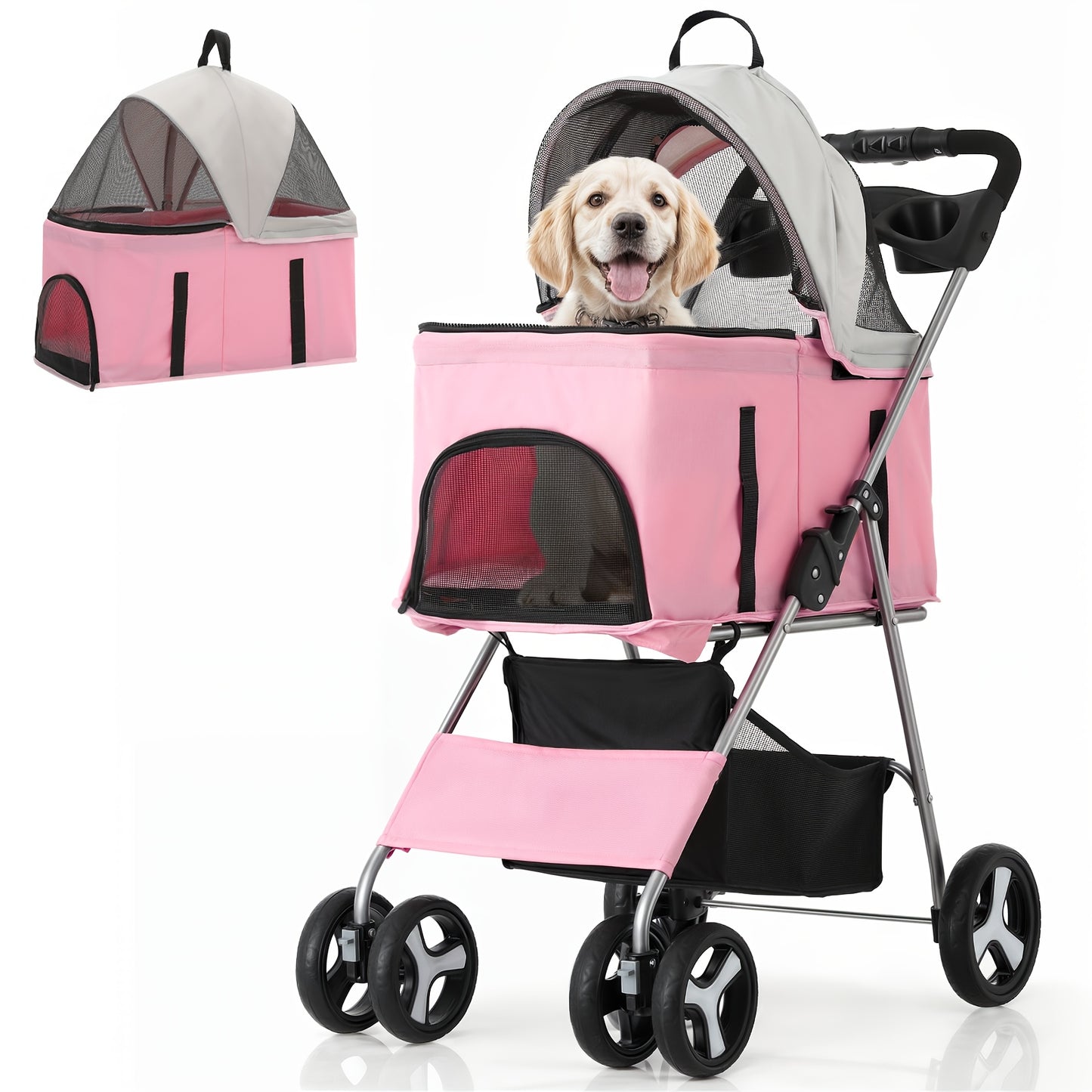 MoNiBloom 3-in-1 Foldable Pet Stroller Detachable Carrier, Car Seat and Stroller with Push Button Entry for Small Pets, Dog Stroller for Medium Dogs Load Up to 33 lbs