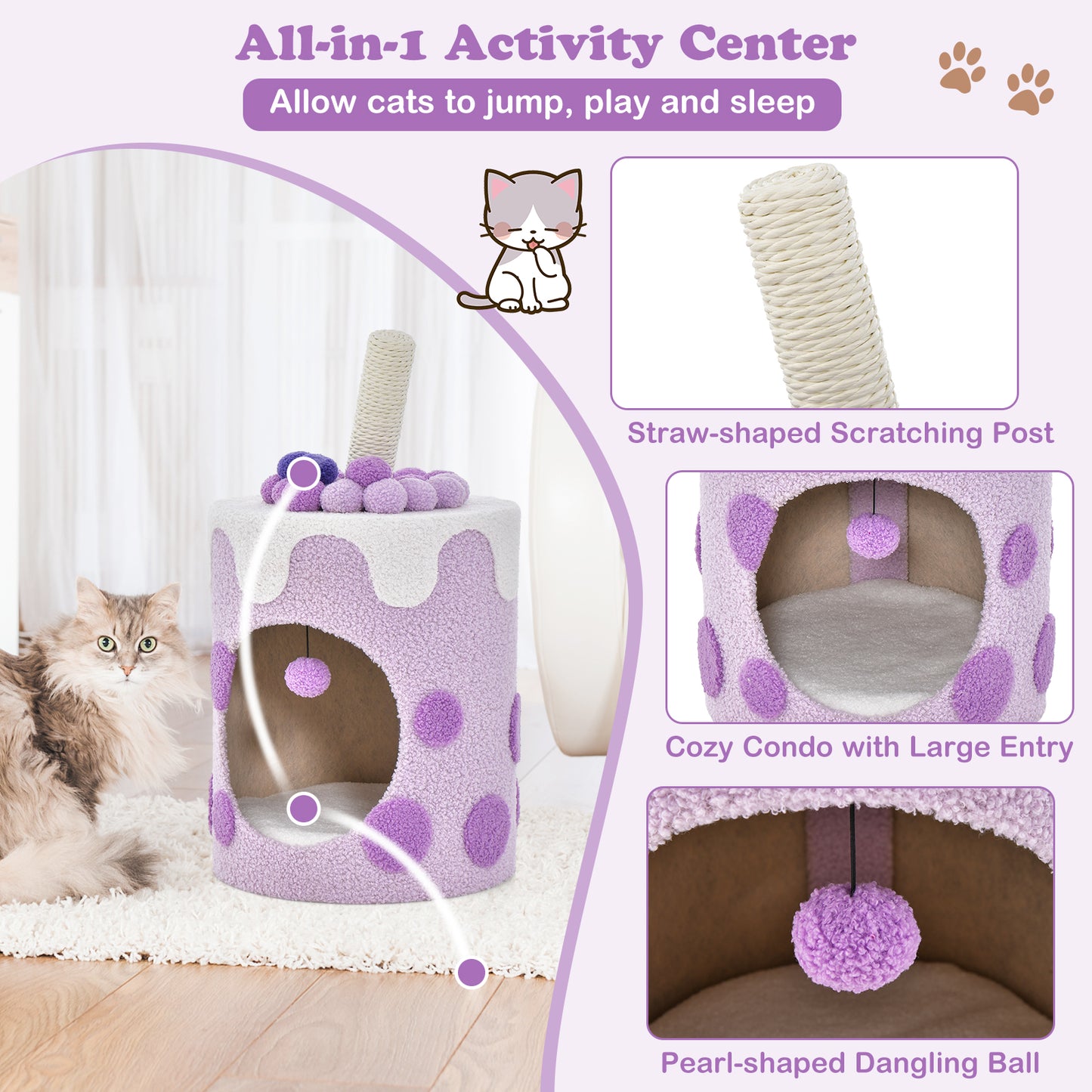 SAFSTAR Bubble Tea Cat Tree Tower with Scratching Post and Dangling Ball Toy for Cats