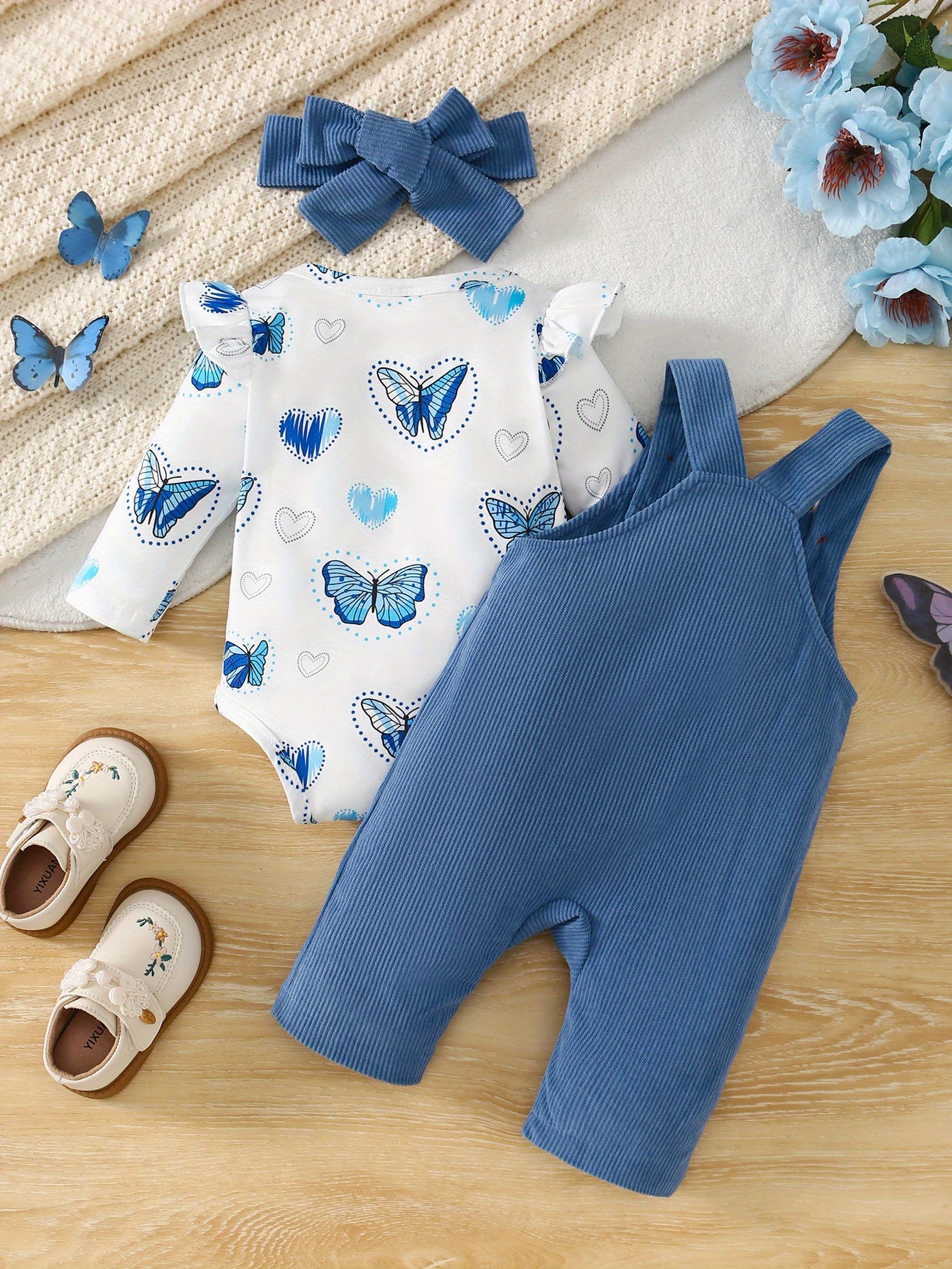 Three Piece Baby Girl Butterfly Print Set With Pants