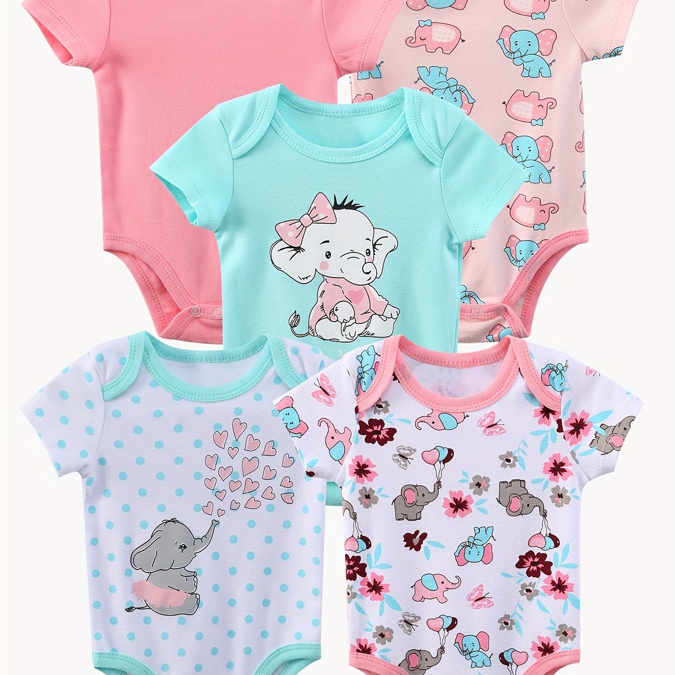 5pcs Short-sleeved Triangular One-piece Set For Baby Girls, Cotton Baby Coat, Crawling Coat And Bottom Coat, Elegant Cartoon Elephant Shape, Soft Fabric Home Wear, for Outdoor