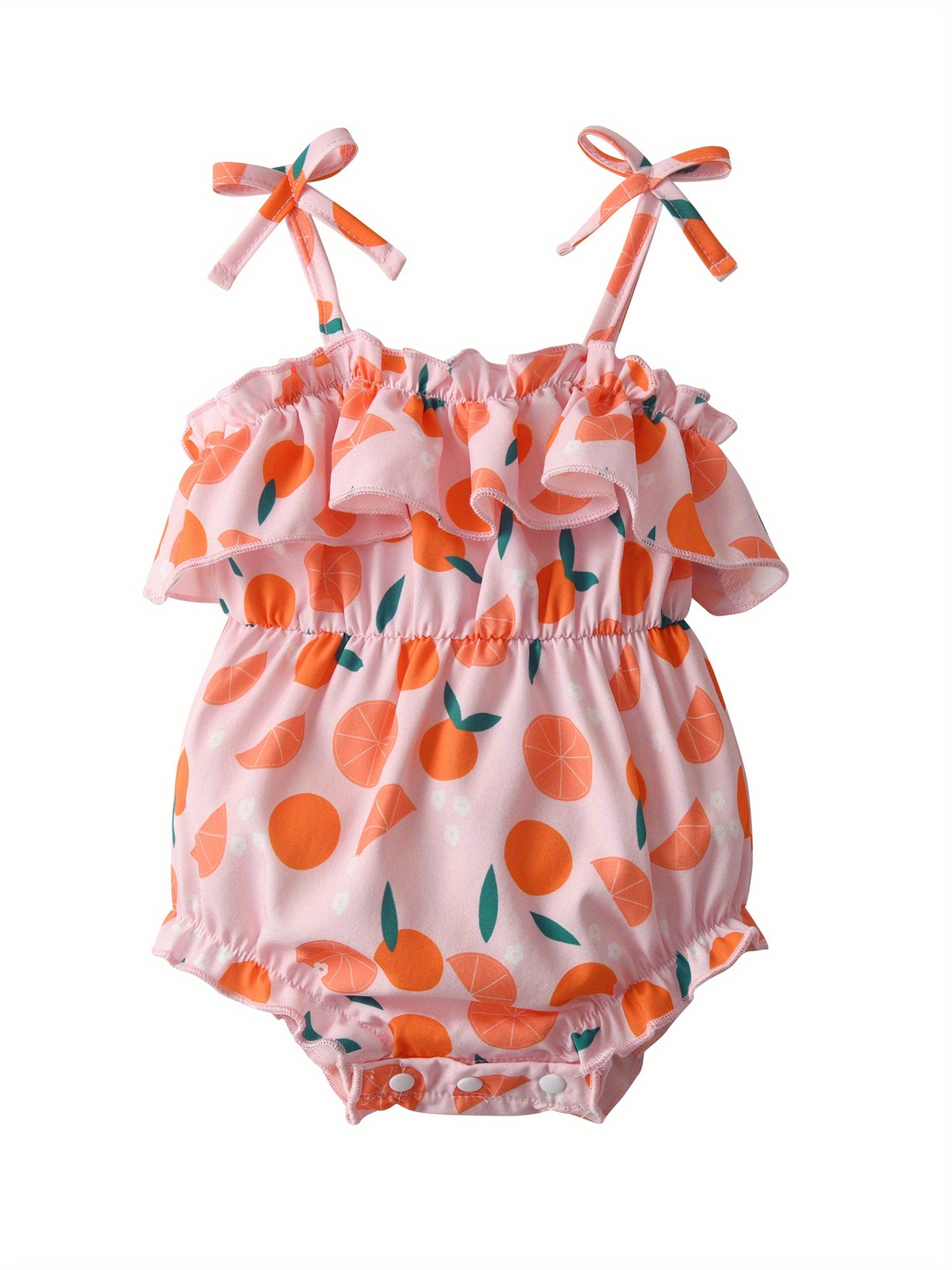 2pcs Newborn Baby Girls Rompers - Sleeveless Ruffled Bodysuits with Orange & Pink Polka Dot & Citrus Fruit Print, Soft Breathable Summer Outfits, Machine Washable Daily Wear, Baby Girl Outfits, Comfortable Infant Clothing, Pl