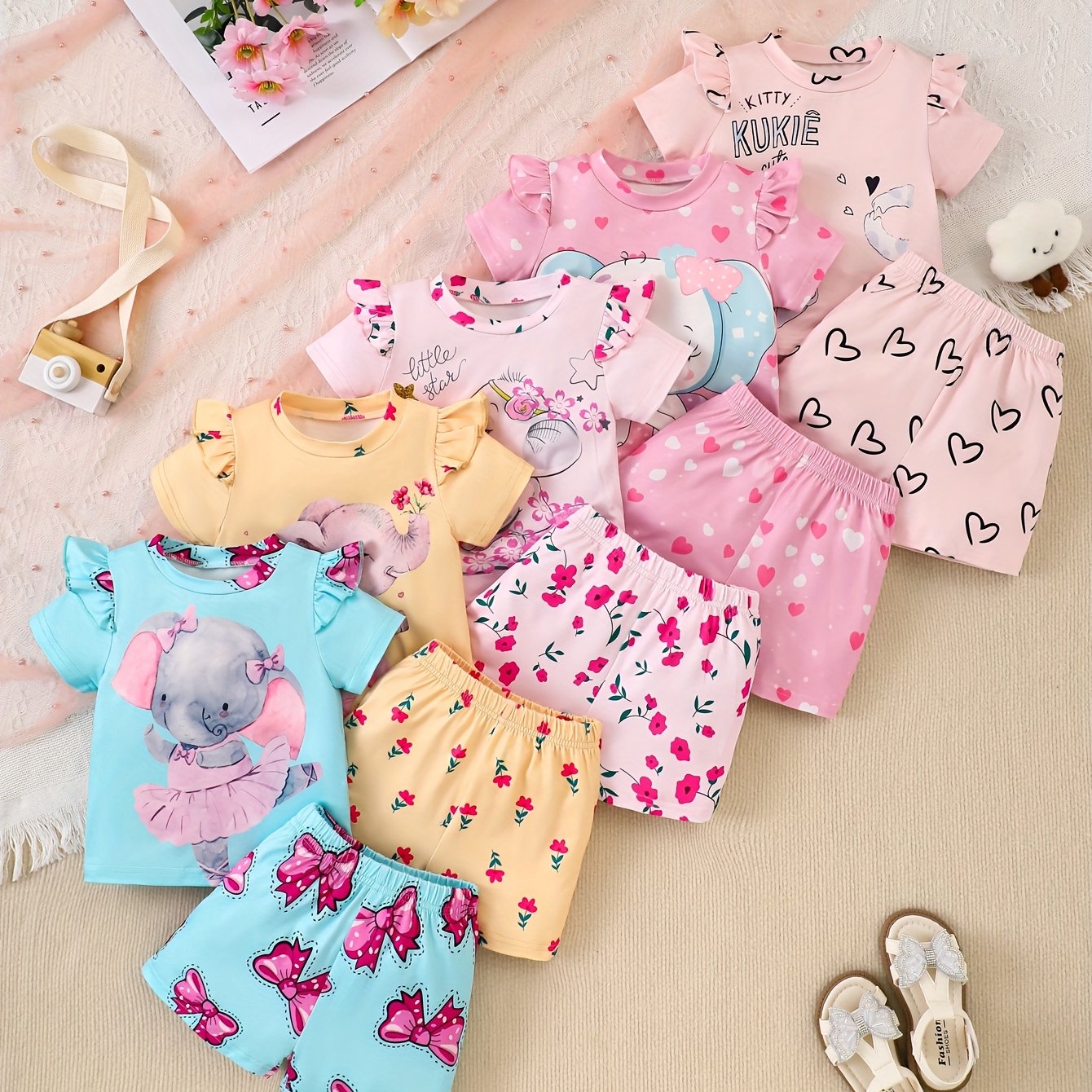 Ten-Piece Set of Girls' Casual Elephant Print Pattern Soft and Comfortable Needle Fabric Short Sleeve Shirt and Shorts Outfit, Perfect for Outdoor