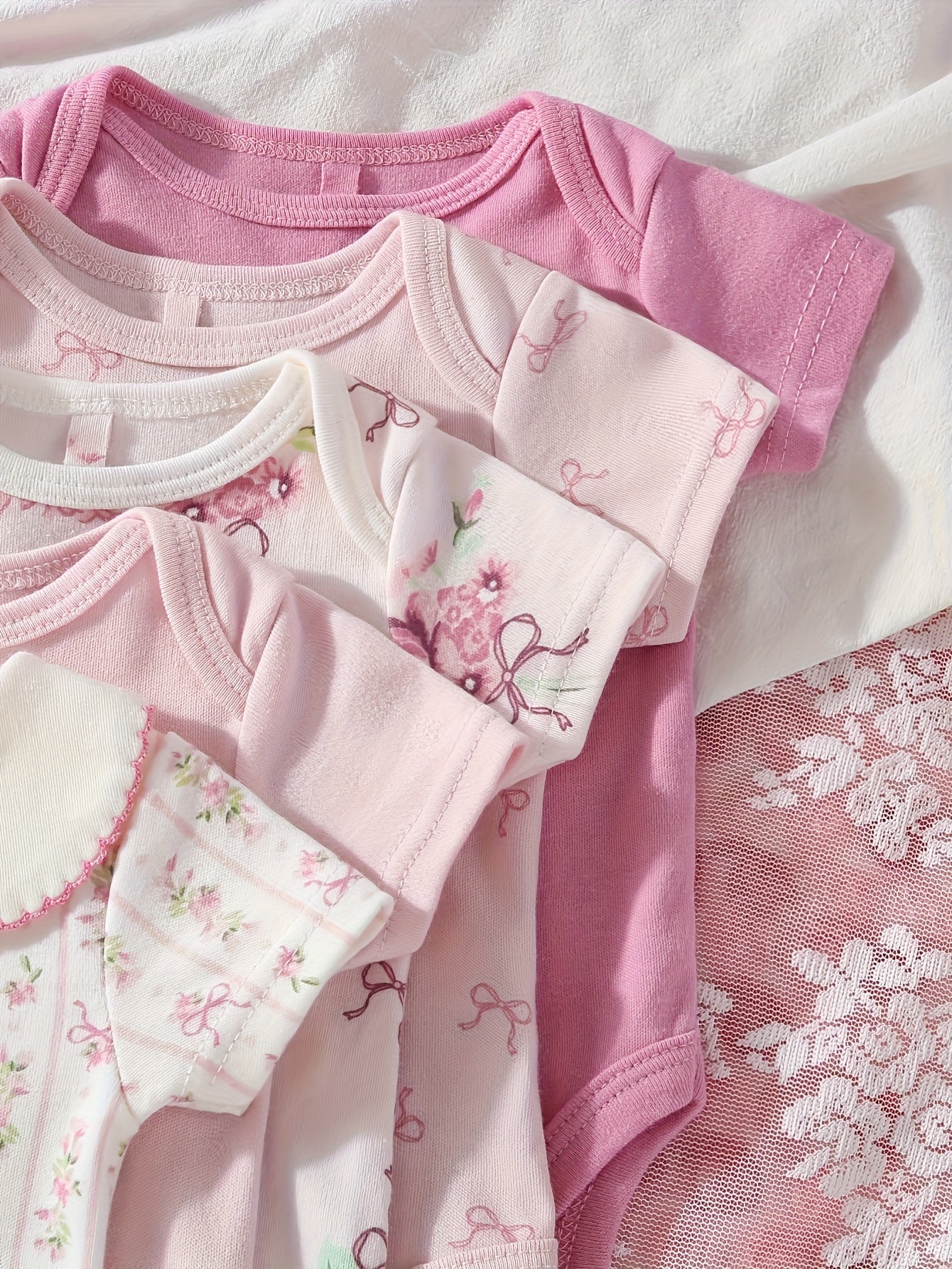 5pcs Set Of Baby Girl Short Sleeved Triangle Jumpsuit With Pink Flowers, Cute Baby Girl Outfit, Crawling Suit, for Outdoor