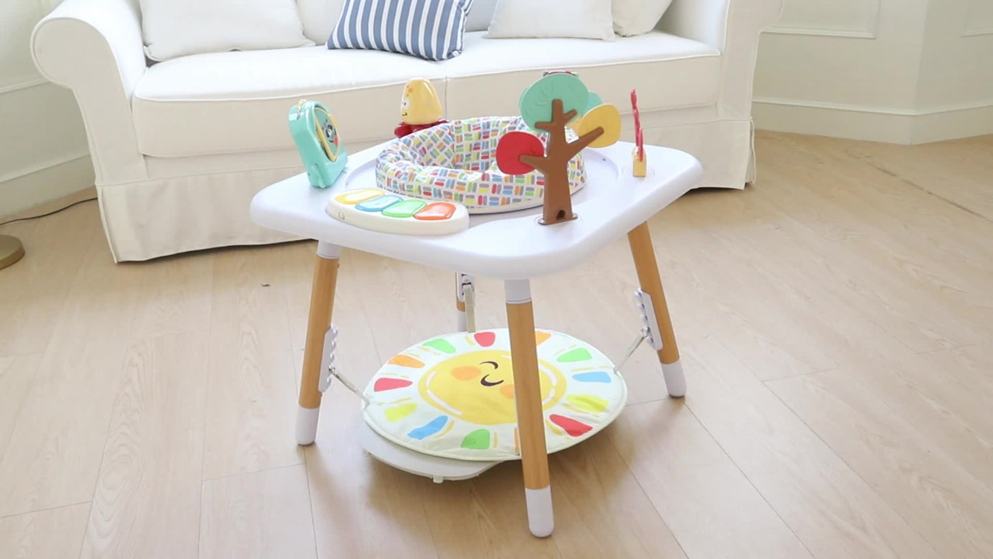 White Baby Activity Center With Five Interactive Toys Adjustable Height Levels Foldable Music Jumper Cushioned Surface