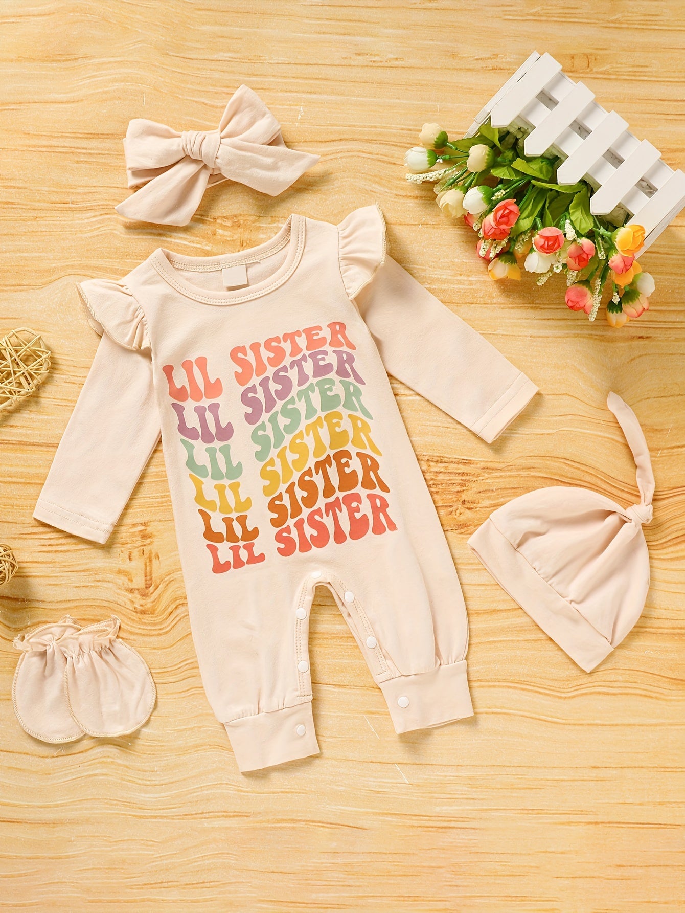 [Floral Baby Romper] Floral Newborn Baby Girl Romper | Infant Letter Print Bodysuit Jumpsuit+Hat+Headband+Gloves Coming Home Clothes Outfits