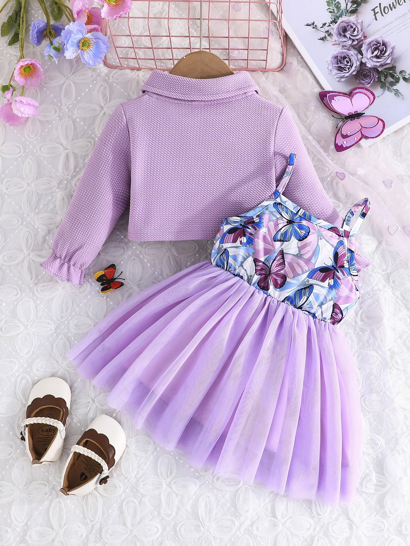2pcs Toddler Girl Butterfly Outfit: Bee Sleeveless Suspenders Dress & Long Sleeve Cardigan, Spring/Fall Set for Playdate, Photos (0-3 Years), Perfect for Outdoor