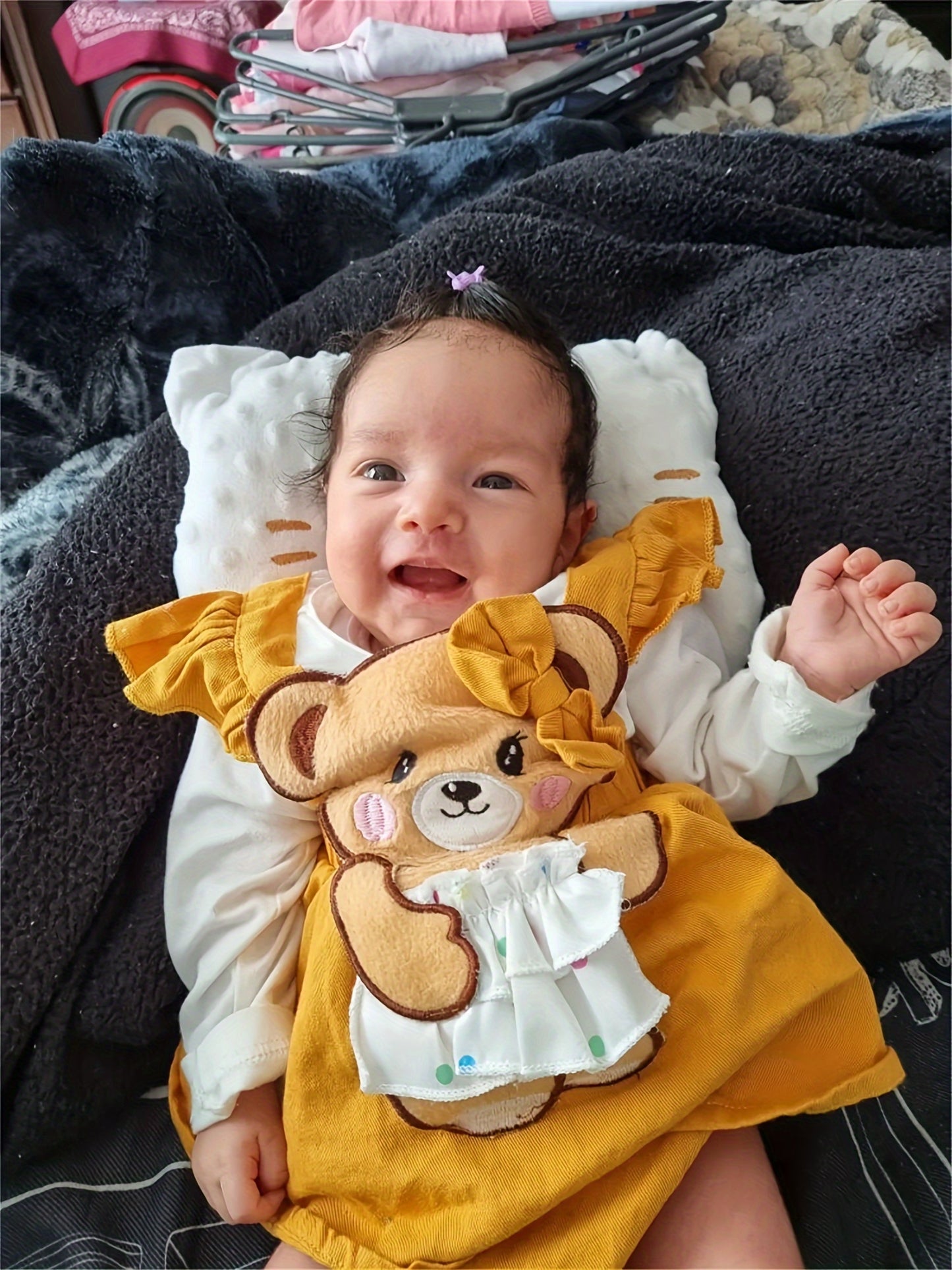 KuKitty Baby Girl 3 Piece Outfit Set Long Sleeve Tee Tops Bear Suspender Skirt Headband