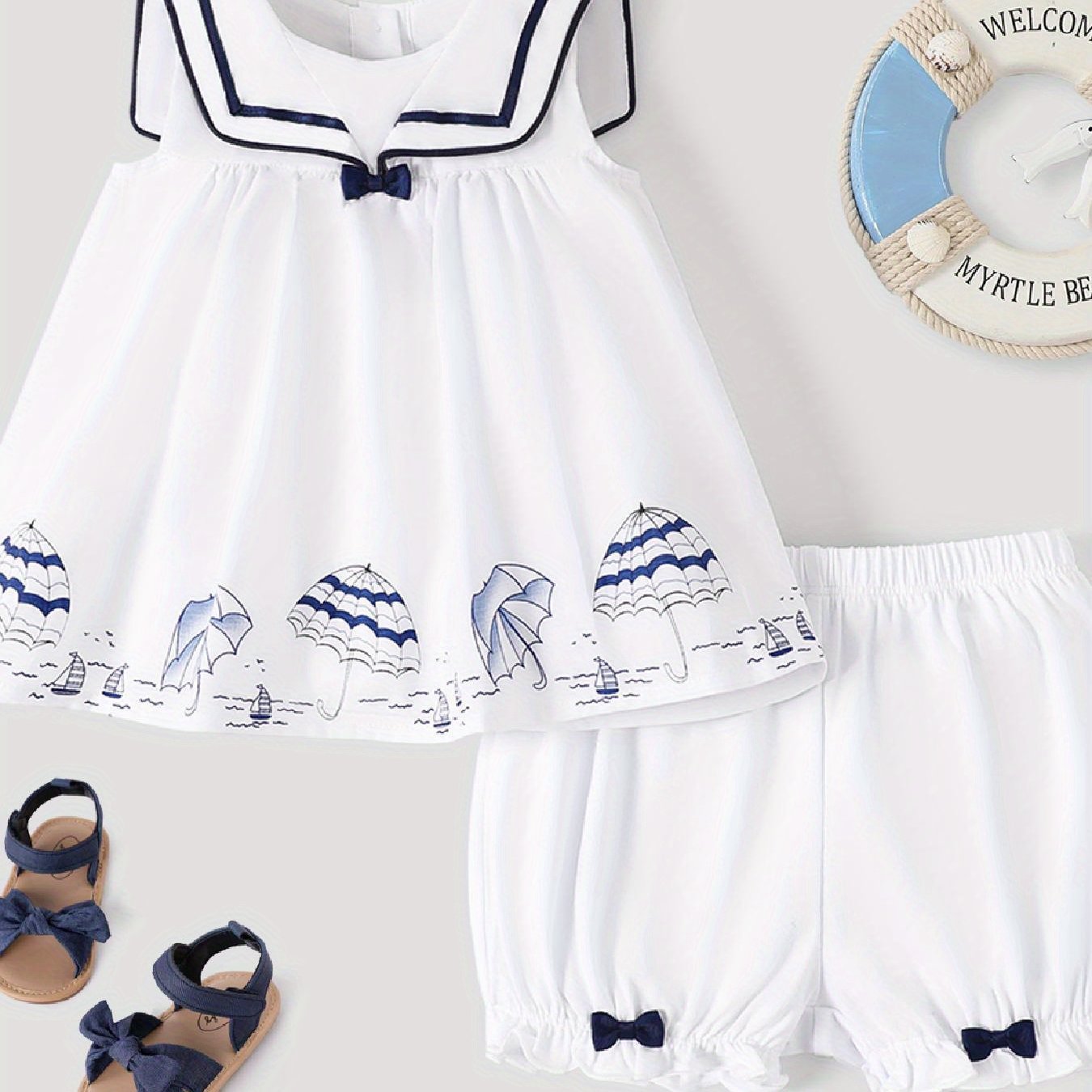 PatPat 2pcs Baby Girl Bow Decor Statement Collar Umbrella Print Sleeveless Top and Elasticized Shorts Set For Spring Summer, for Outdoor