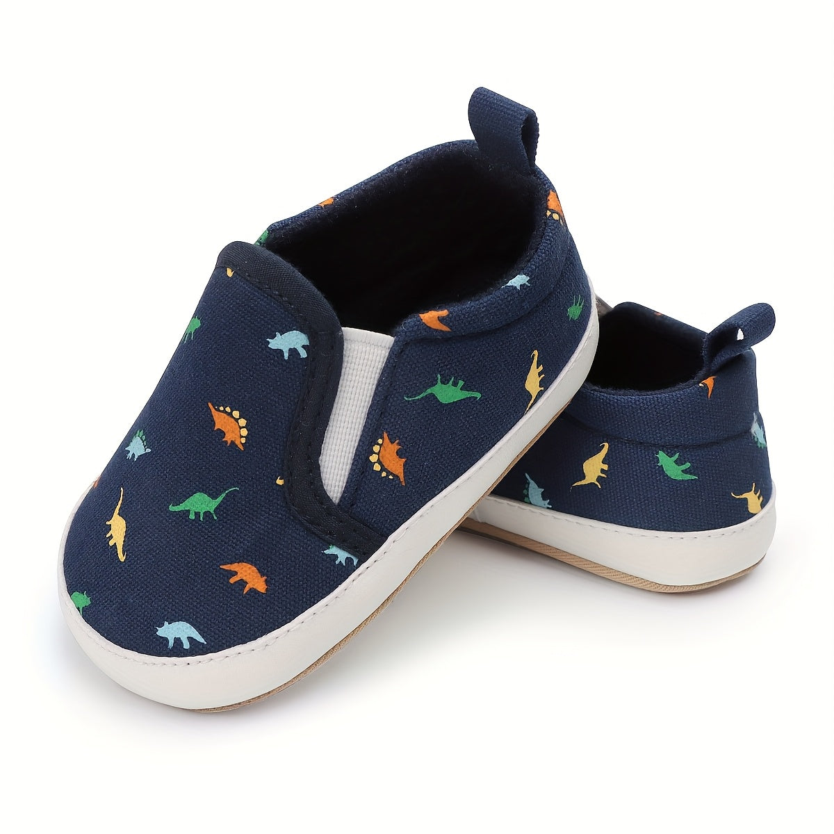Infant Baby Boys Girls First Walker Sneakers - Soft Anti-Slip Rubber Sole, Slip-On Canvas Shoes with Cartoon Patterns (Navy/Beige/Gray) for Newborn Toddlers 0-18 Months, Breathable Fabric Lined Interior, Casual Baby Footwear