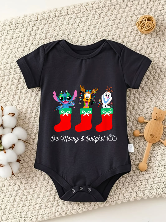 Disney Stitch Pluto Olaf Christmas Be Merry Bright 100 Percent Cotton Short Sleeve Romper