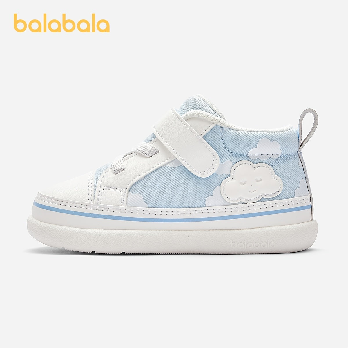 Balabala Baby First Walkers Shoes - High-Top Ankle Support Sneakers with Closure, Light Blue Cartoon Cloud Pattern, Breathable Fabric & EVA Cushioned Insole, Non-Slip Rubber Sole for Spring/Fall Casual Shoes, Everyday Toddler
