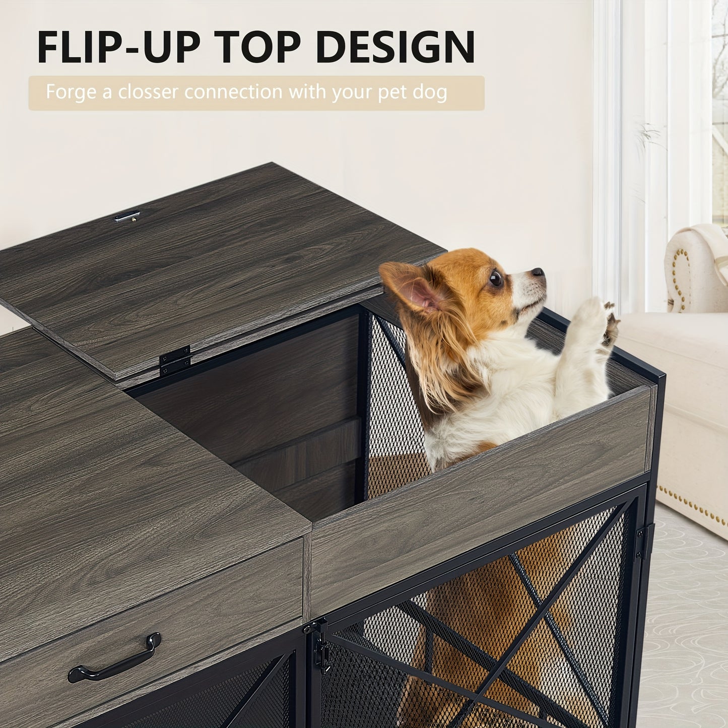 Large Dog Crate Furniture 47 Inch Wooden Kennel Indoor End Table with Drawer and Bowls