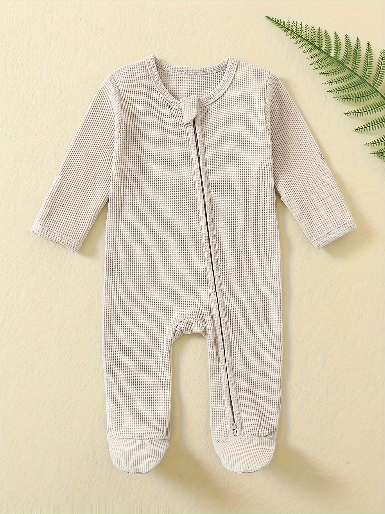 [3pcs Baby Romper] 3pcs Newborn Baby Boys One Piece Romper | Long Sleeve Waffle Solid Color Jumpsuit | With Mitten Cuffs Zipper Outfit Clothes for Outdoor