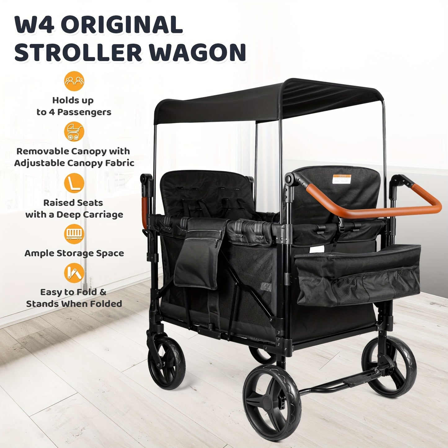 Luxury Foldable Stroller Wagon with Adjustable Canopy - Black/Gray, Durable Iron Frame, Polyester Fabric, 5-Point Harness, Dual Installation, Ideal for Outdoor Adventures, Supports Up to 55 lbs, Wagon Stroller, SERLD