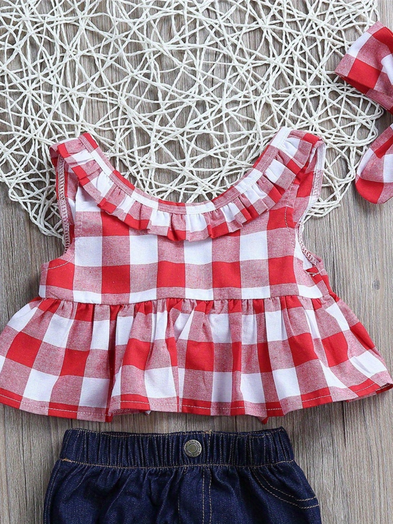 3pcs Baby Girls Summer Outfits Red and White Plaid Sleeveless Top and Denim Shorts Set with Headband, Perfect for Outdoor