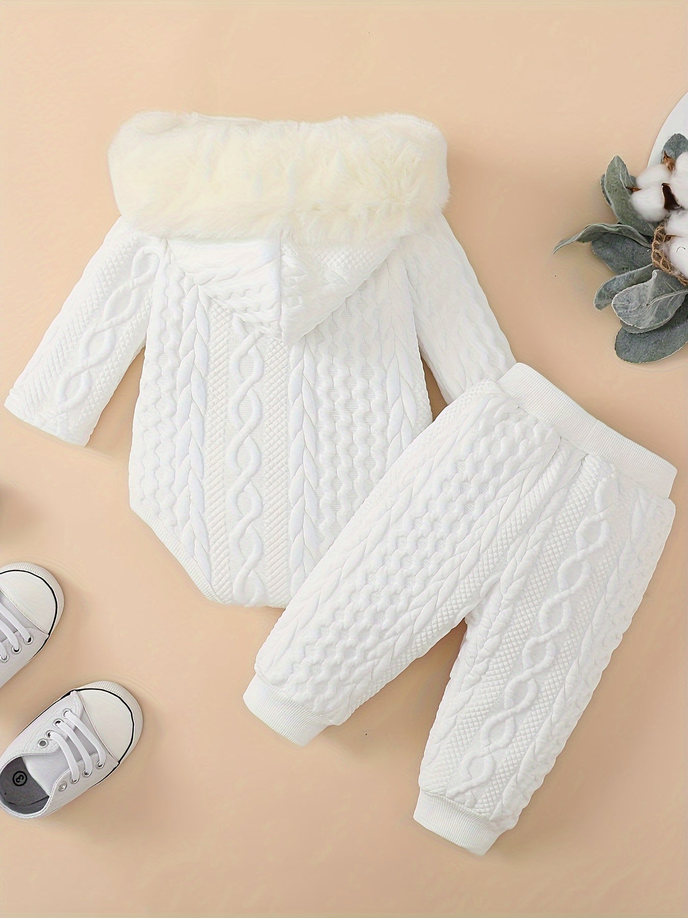 MinKidFashion Cozy Girls' Hooded Long Sleeve Romper and Pants Set - Cable Knit Pattern, Polyester/Spandex Blend, Machine Washable for Fall/Winter, Perfect for Outdoor