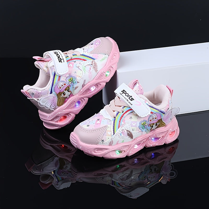 Girls Cute Cartoon Print LED Running Shoes for Toddlers and Youngsters Light Up Sports Shoes
