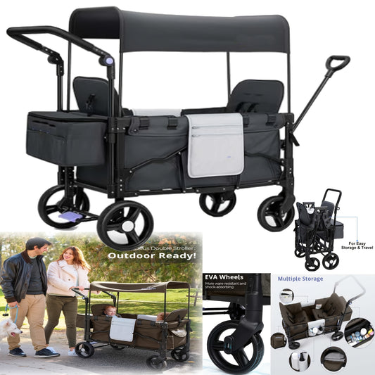Folding Stroller Wagon Collapsible Wagon For 2 Kids, Baby Wagon Stroller With Adjustable Handle For Infants Toddlers Includes Canopy & Organizer, Foldable Convenient For Storage, Outdoor Garden Beach