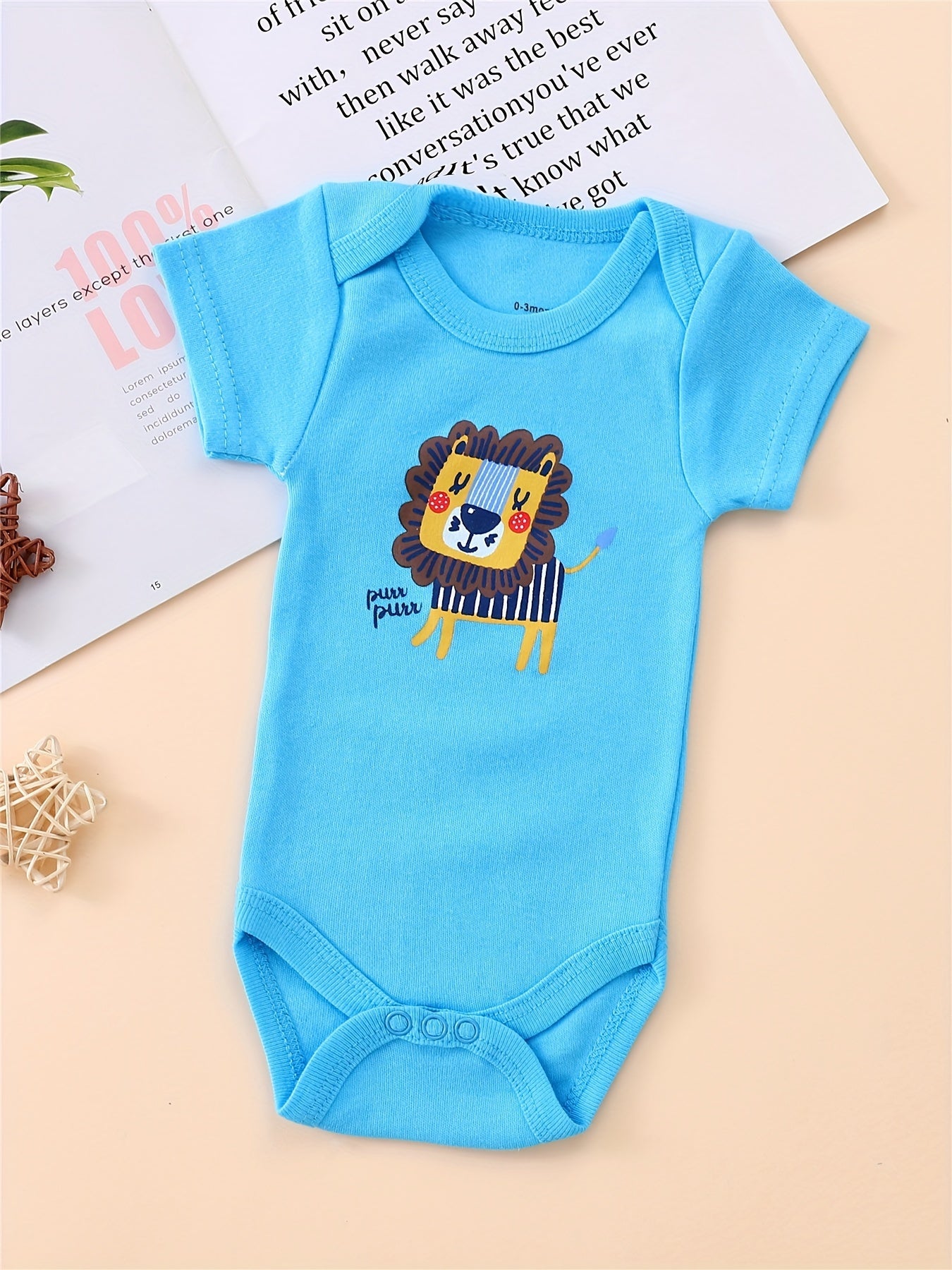 3pcs Toddler Boys' Short Sleeve Romper Set - Cute Lion Animal Print, Blue & White, Cotton, Round Neck, Summer Outfit with "LOVE" & "THANKS" Embroidery, Perfect for Spring/Summer, Clothes for Youngster, for Outdoor, Perfect fo