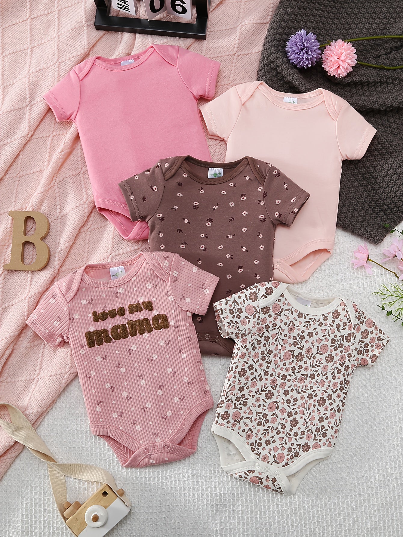 Newborn Short Sleeve Jumpsuit 5 Pack Floral 0 To 9 Months