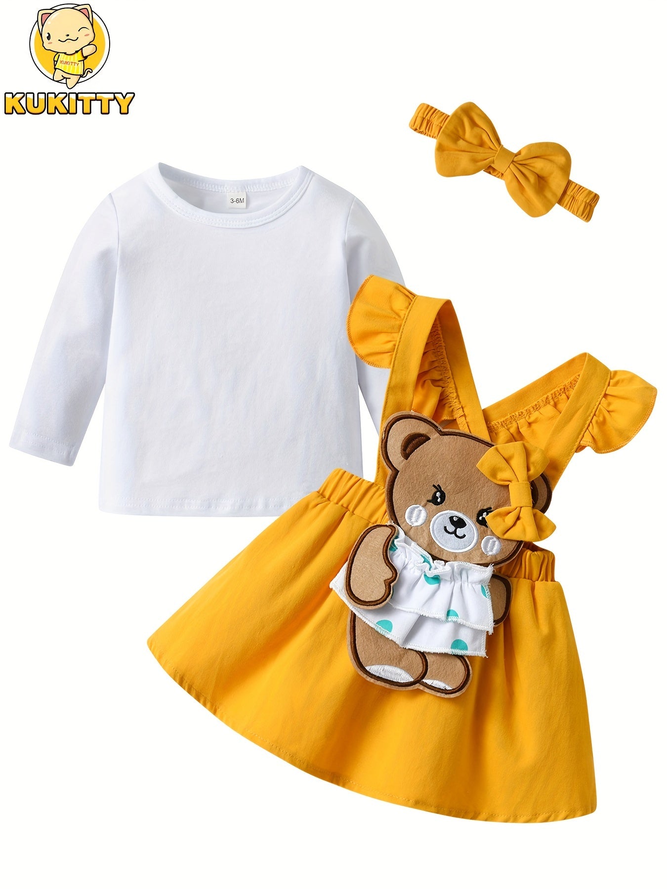 KuKitty Baby Girl 3 Piece Outfit Set Long Sleeve Tee Tops Bear Suspender Skirt Headband