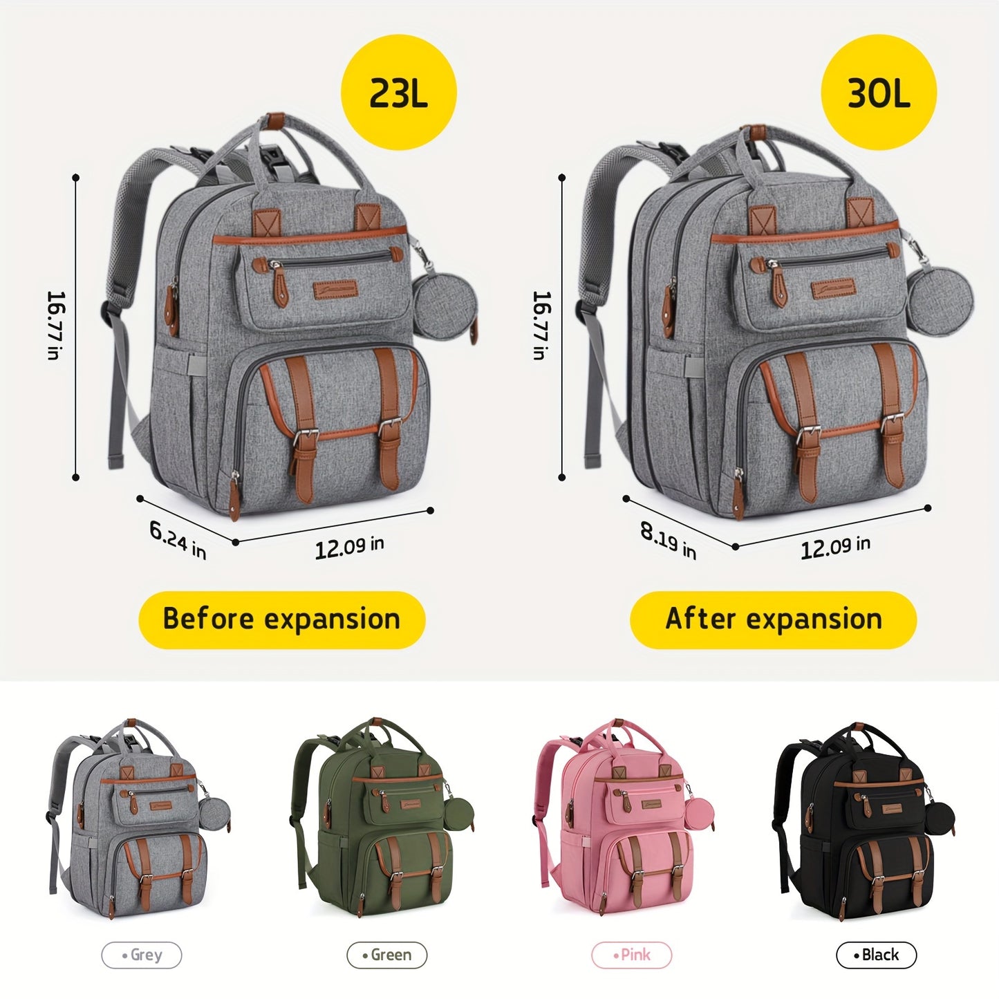 Expandable Diaper Backpack for Moms and Dads with Changing Pad and Stroller Straps Grey
