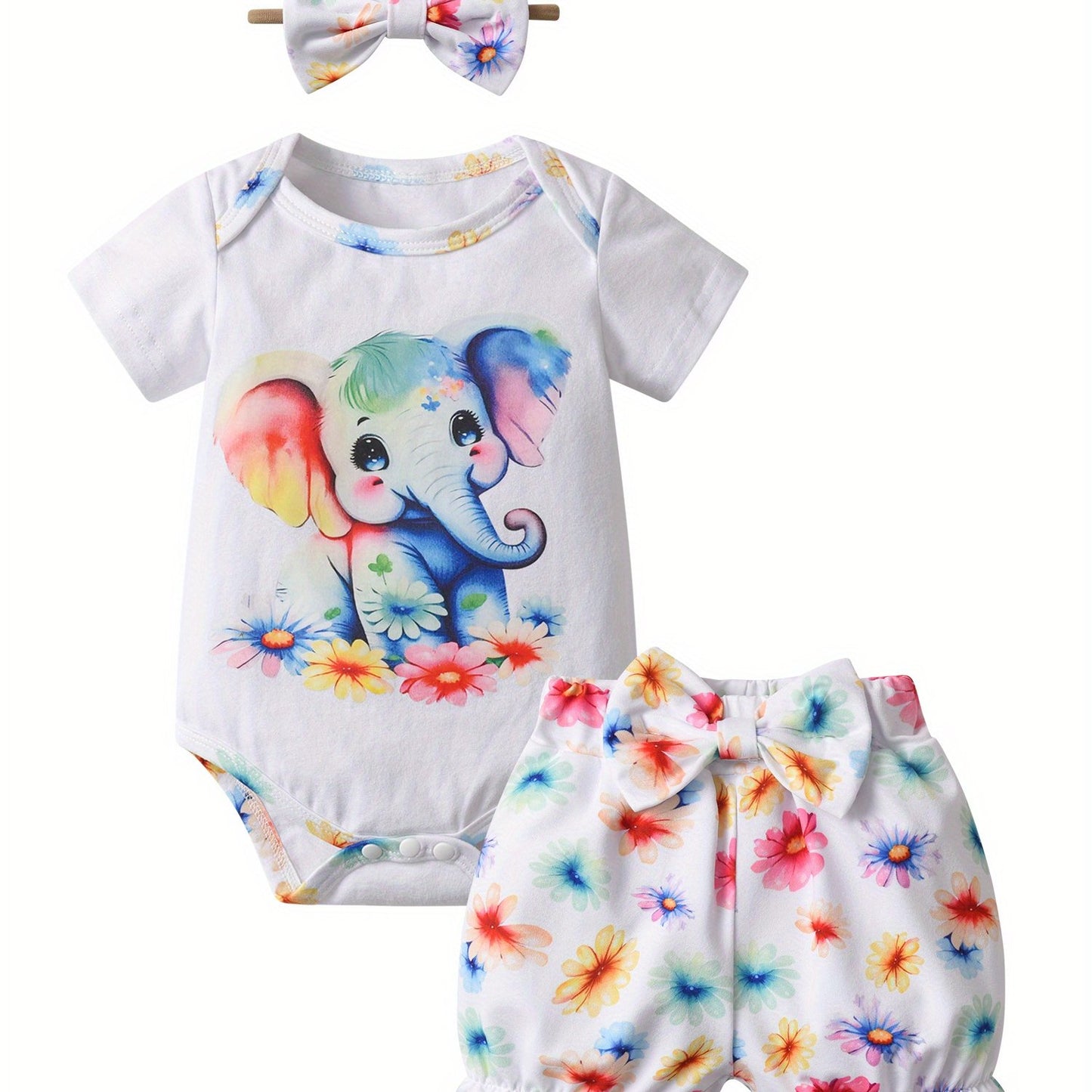 Summer Baby Girl Elephant Print Clothes Set Short Sleeve Romper+Short Pants+Bow Headband Newborn Infant Outfit