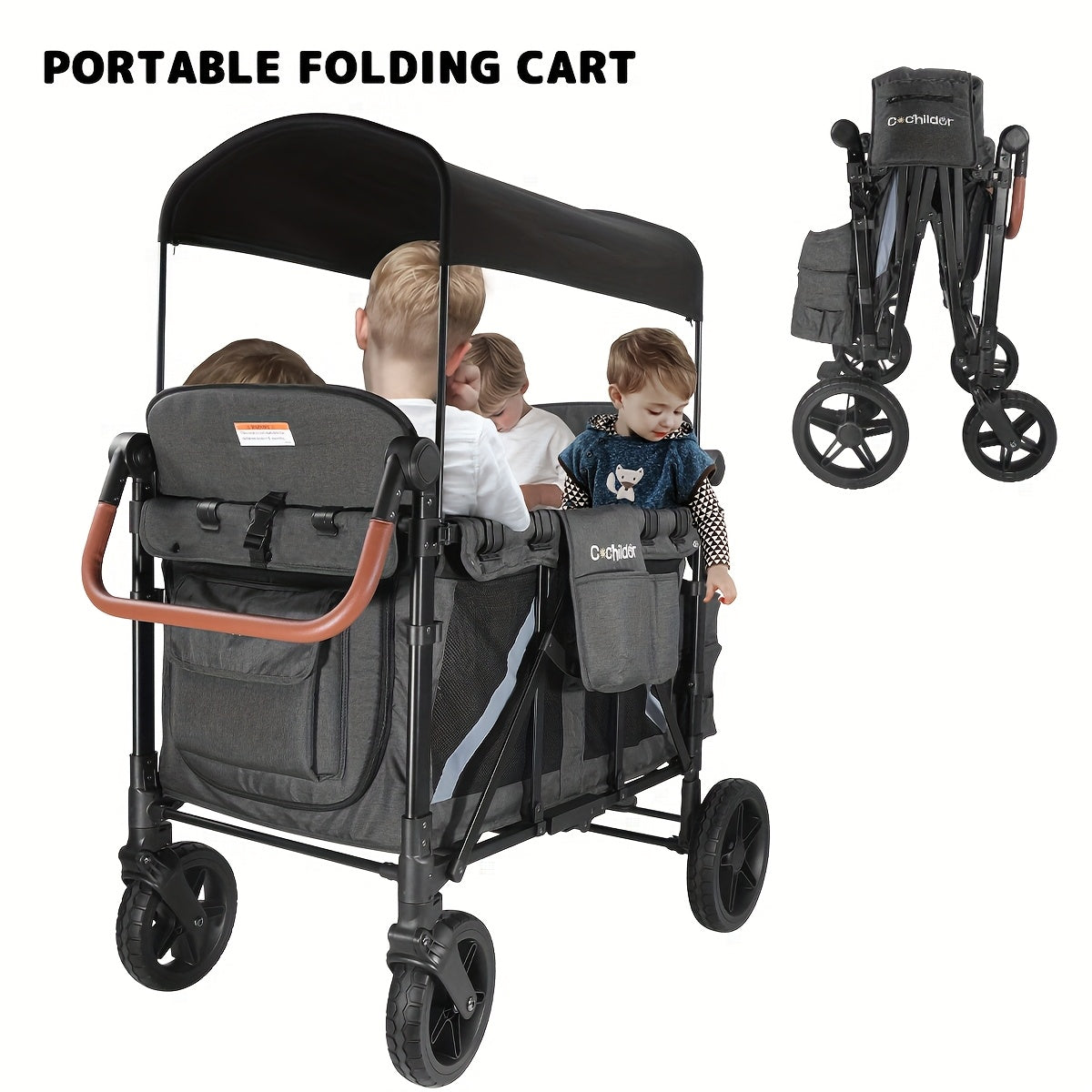 Versatile 4-in-1 Stroller Wagon with Adjustable Sun Canopy & 5-Point Harness - Perfect for Travel & Beach Outings, Suitable for Four Youngsters, Front-Facing Design, Durable Polyester Fabric, Gray/Black Color, Shock Absorptio