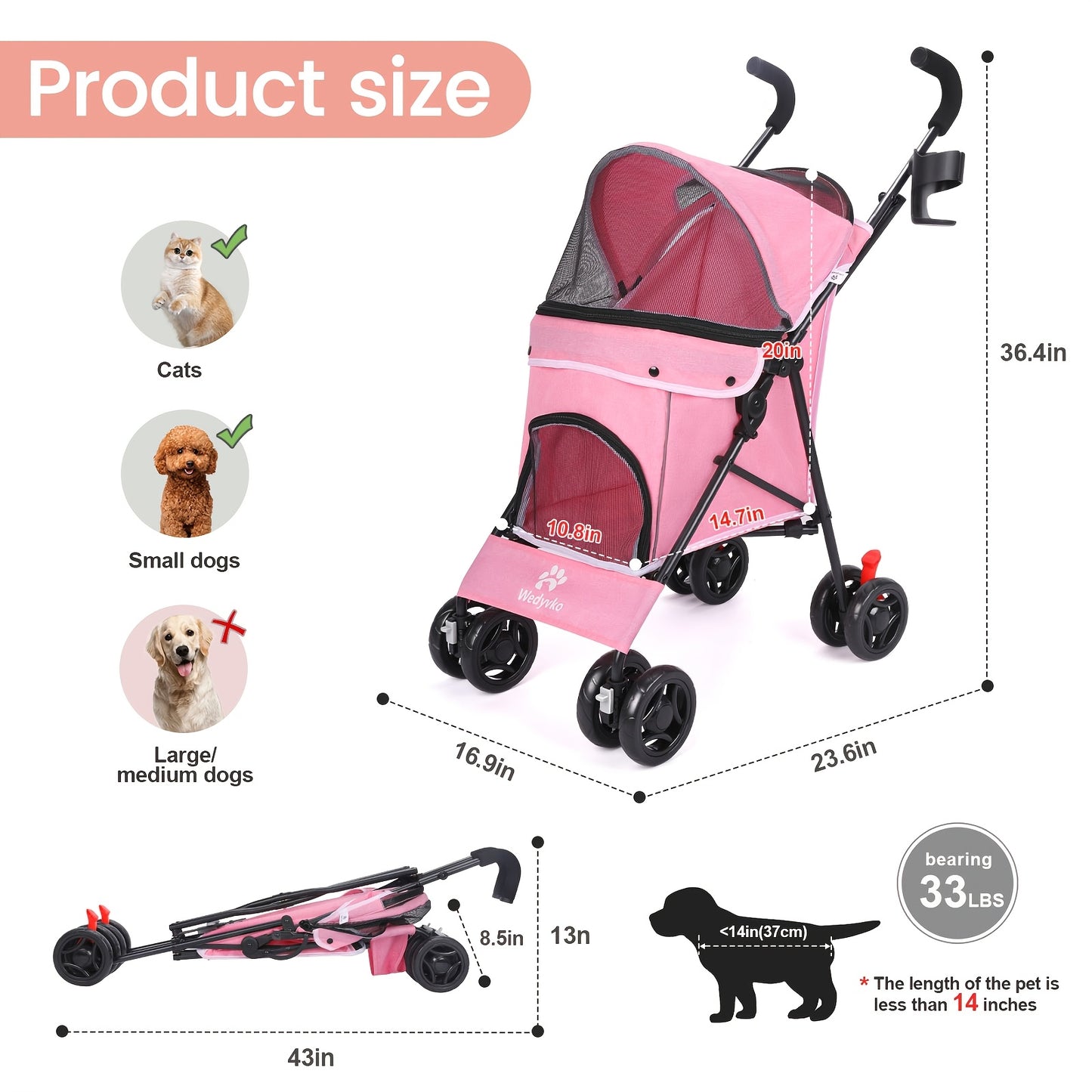 Easy-Fold Pink Pet Stroller for Small Dogs & Cats - 33 LBS Capacity, Breathable Mesh Panels, Safety Leashes, Cup Holder & Storage Basket, Smooth 4-Wheel Design with Secure Canopy, Dog Stroller