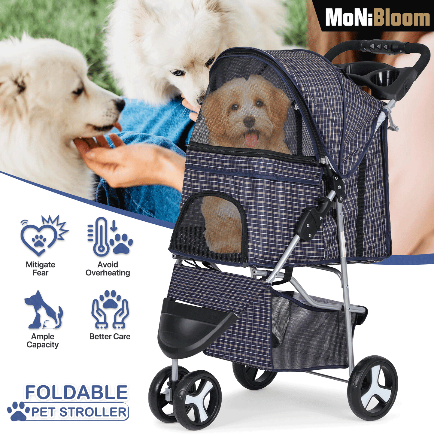 MoNiBloom Foldable Dog Strollers for Small Dogs with Weather Cover, 3 Wheels Pet Strolling Cart for Dogs and Cats with Storage Basket and Cup Holder, Breathable and Visible Mesh for All-Season