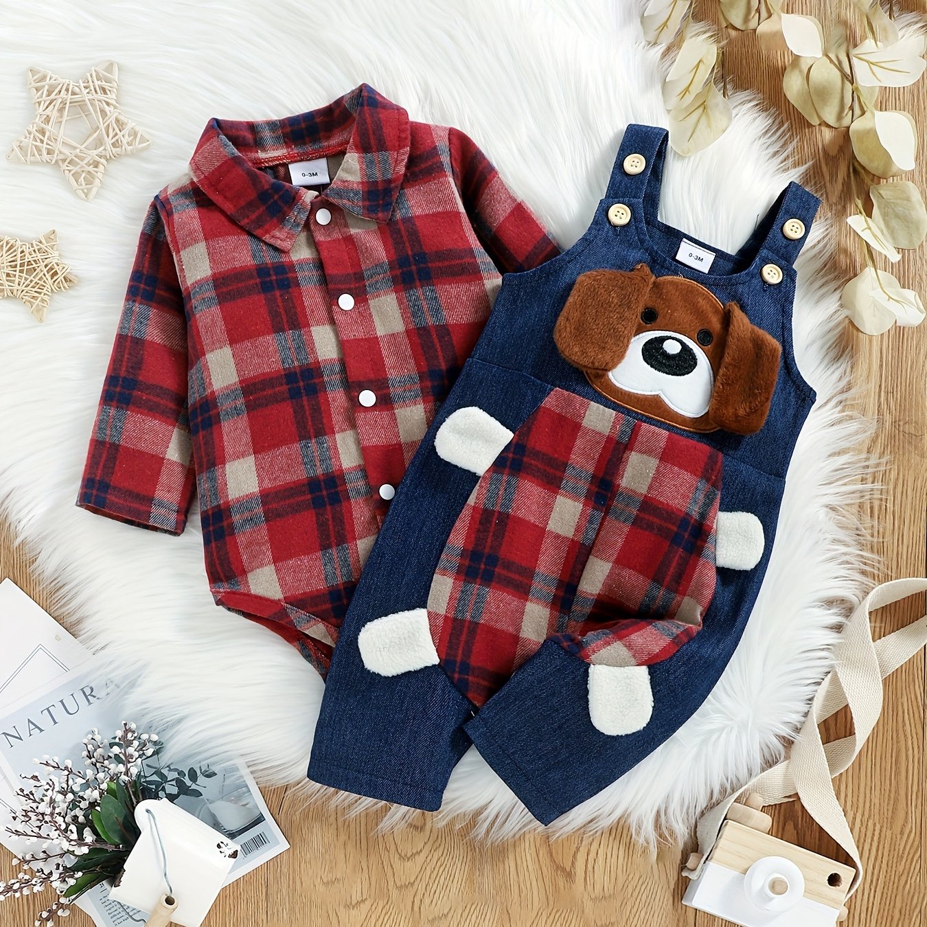 Baby Boy Clothes Infant Outfits Long Sleeve Plaid Bodysuit Romper + Jeans Overalls Jumpsuit Pants Sets 0-18 Months