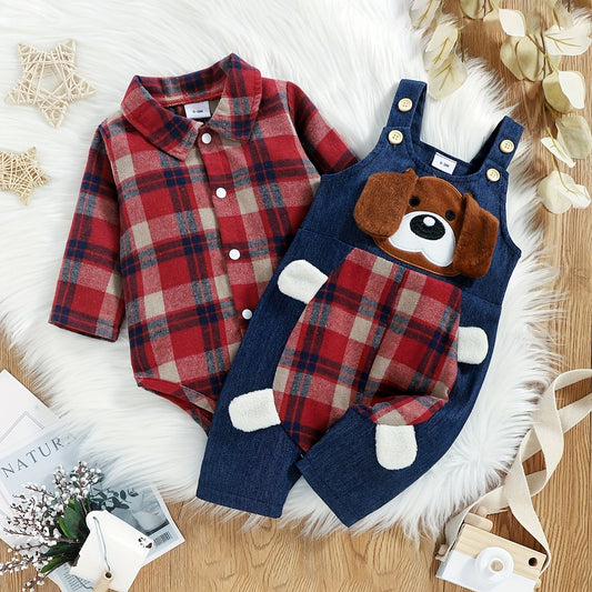 Baby Boy Clothes Infant Outfits Long Sleeve Plaid Bodysuit Romper + Jeans Overalls Jumpsuit Pants Sets 0-18 Months