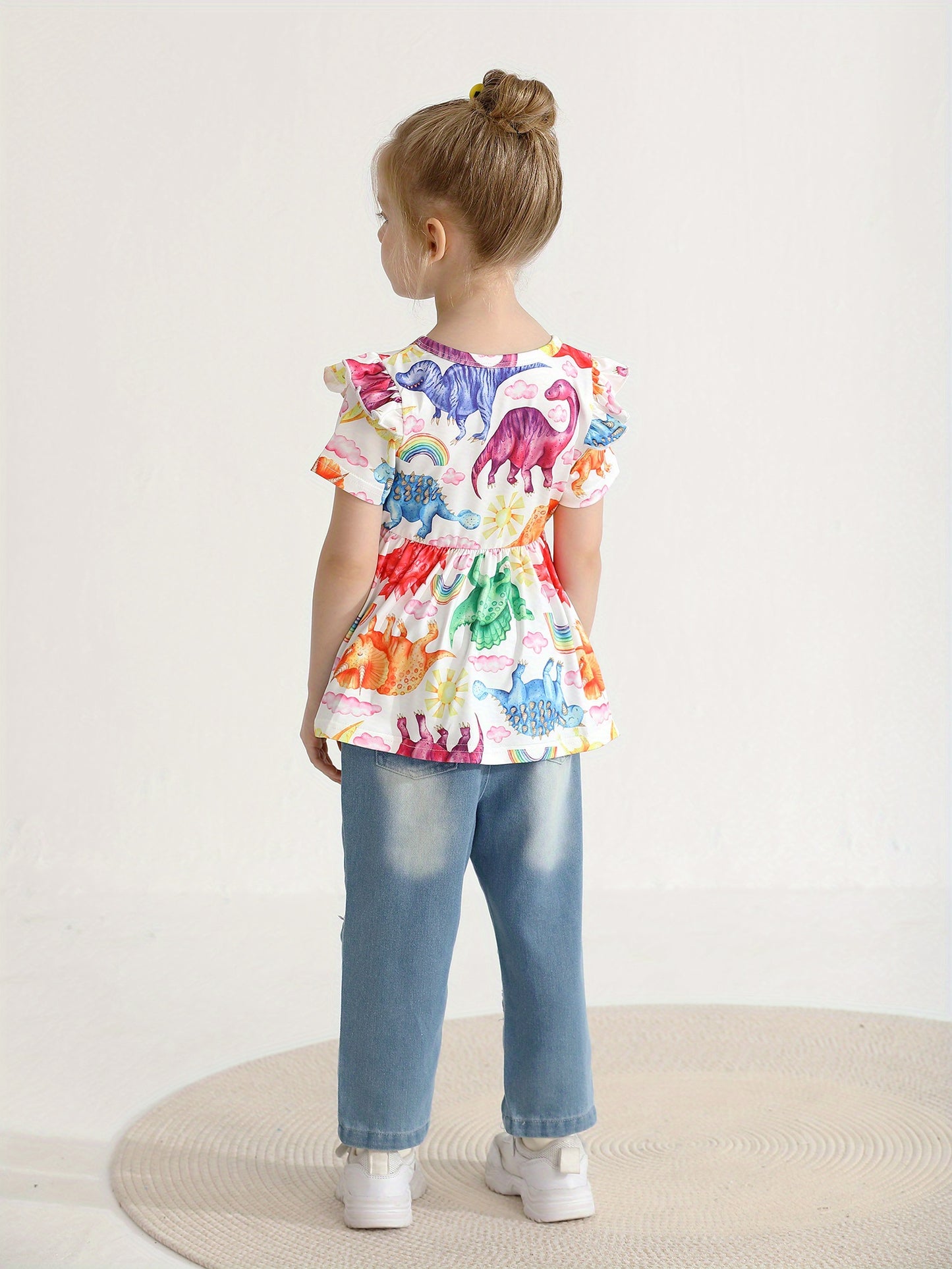 Summer Toddler Kids Baby Girls Clothes Set Cartoon Dinosaur Print Children Girl Short Sleeve Tops and Jeans Pants Children Clothing Outfits, Perfect for Outdoor