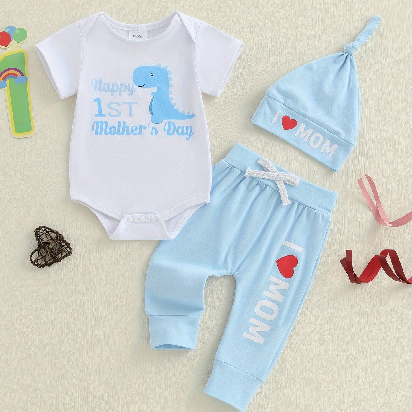 3pcs Newborn Baby Summer Outfit Dinosaur Elephant Romper Long Pants Hat Set
