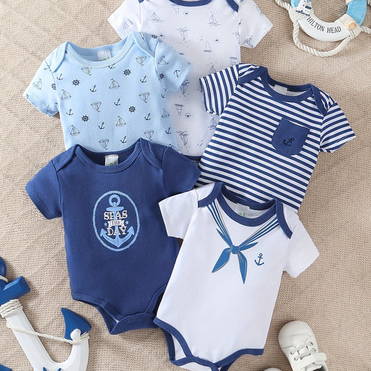 5pcs Set Of Baby Boys' Short Sleeved Cartoon Triangle Jumpsuit, Ha Yi, Baby Boys' Ocean Boat Anchor Casual Crawling Suit, for Outdoor