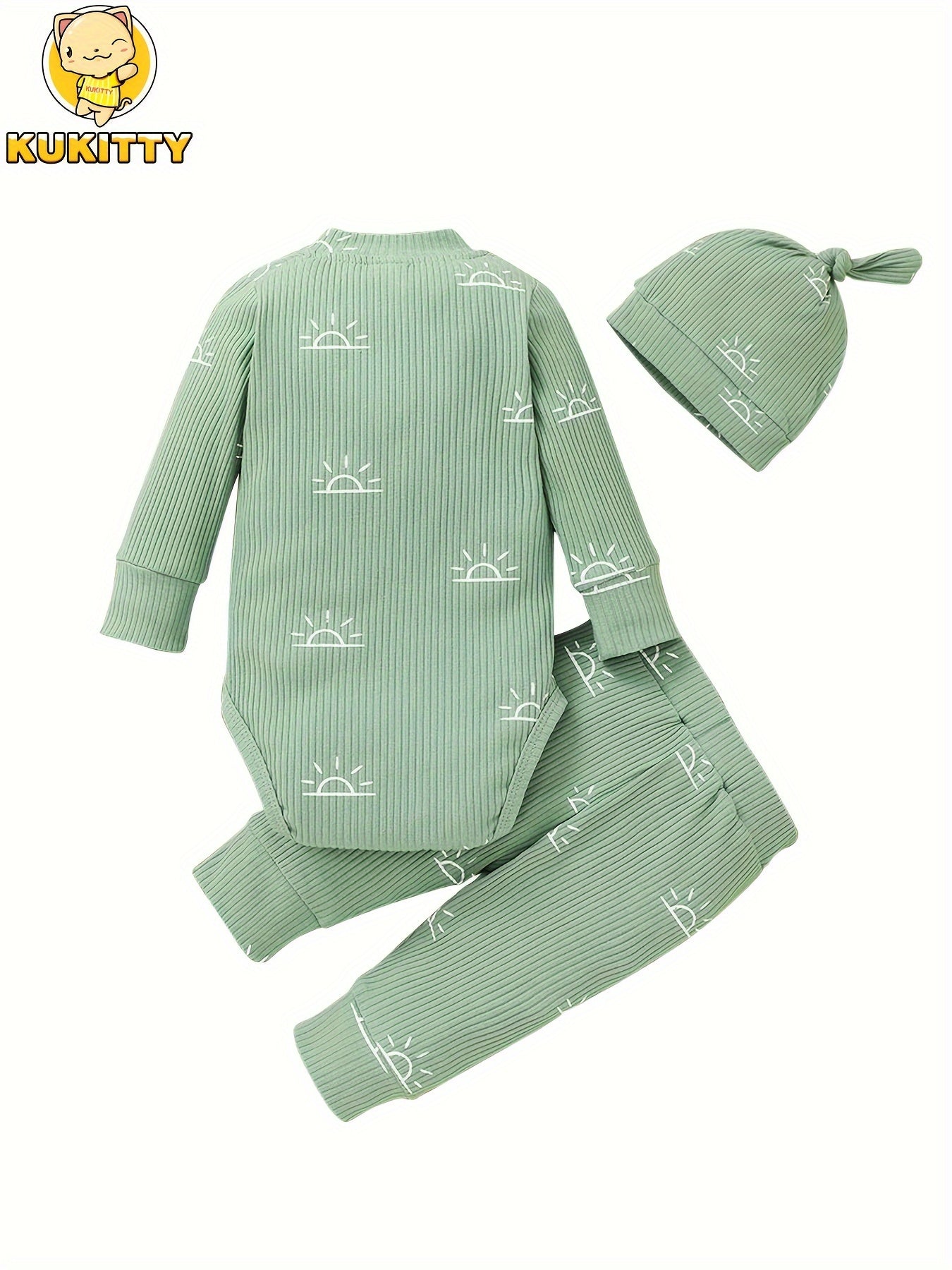 KuKitty Baby Boys Clothes Newborn Ribbed Long Sleeve Romper With Sun Pattern Pants Hat Outfits Set