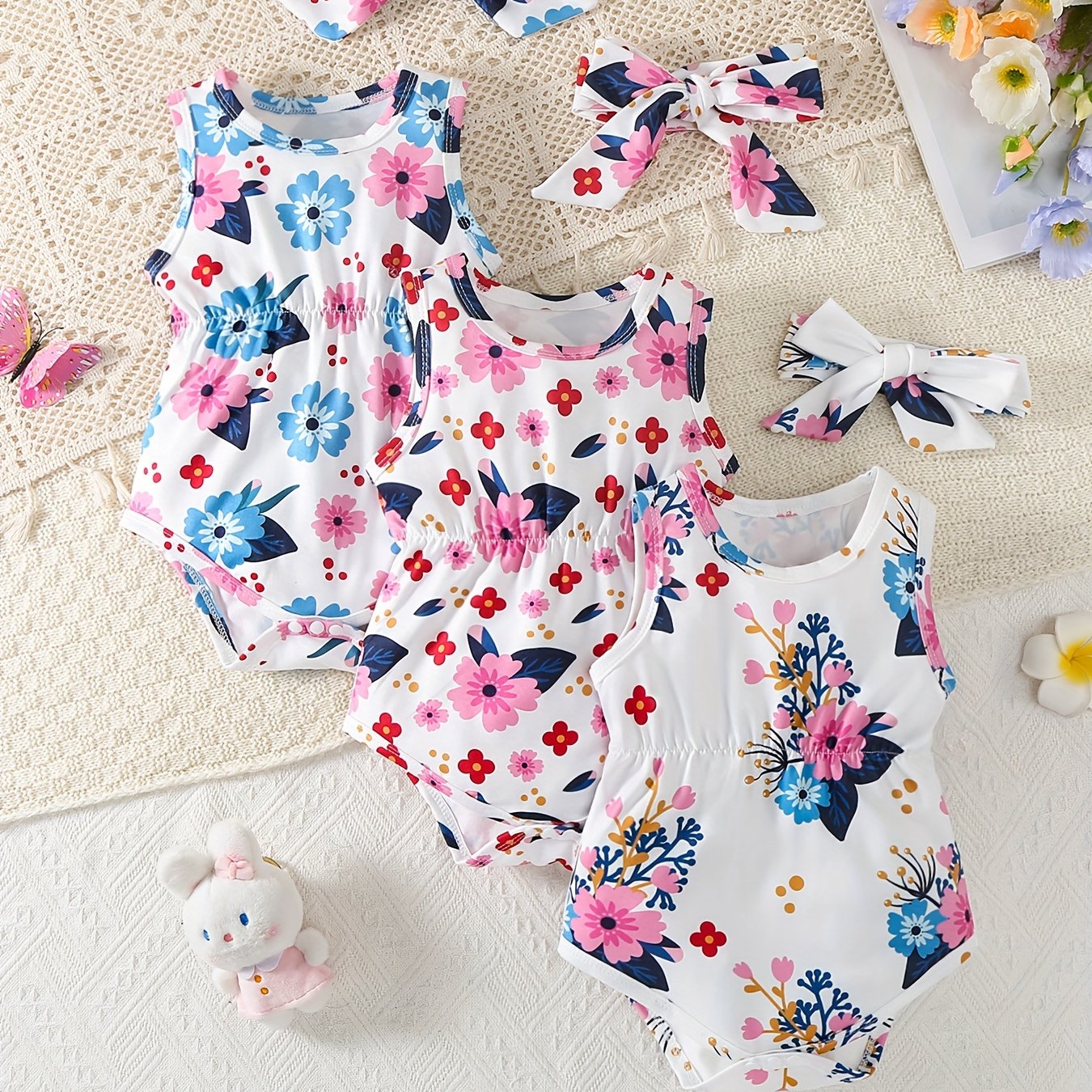 Floral Print Infant Romper 6 Piece Set With Headbands