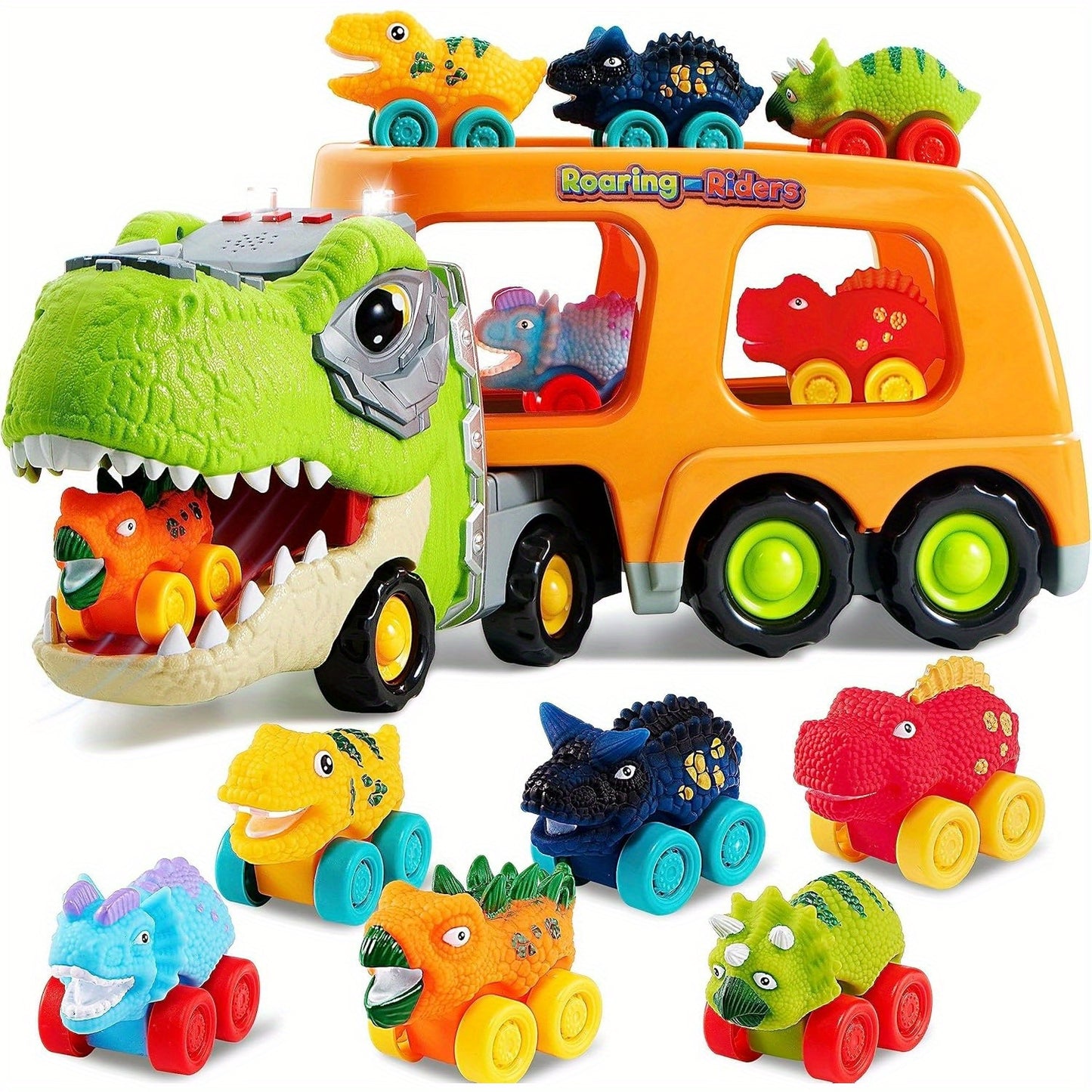 Dinosaur Truck Toy Car Carrier Set With Six Rubber Cars Music Lights Gift for Kids