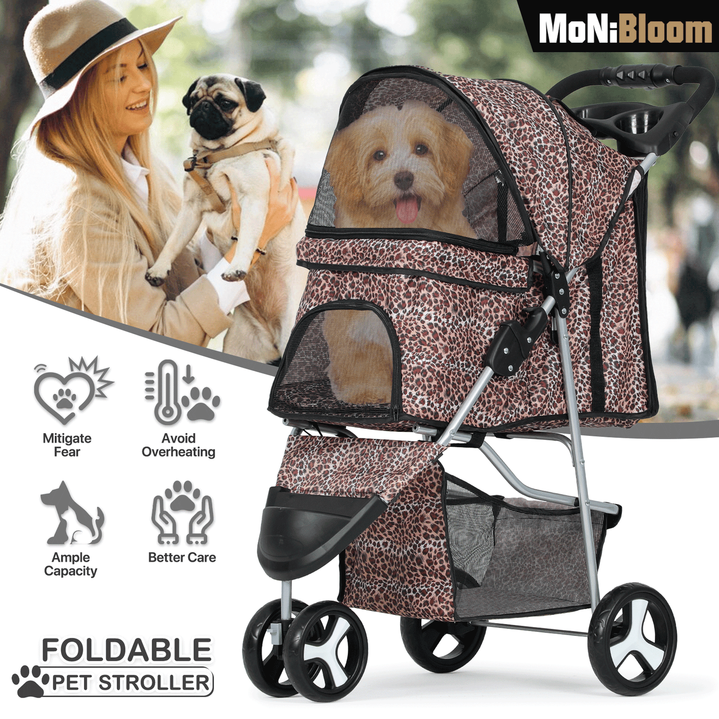 MoNiBloom Foldable Dog Strollers for Small Dogs with Weather Cover, 3 Wheels Pet Strolling Cart for Dogs and Cats with Storage Basket and Cup Holder, Breathable and Visible Mesh for All-Season