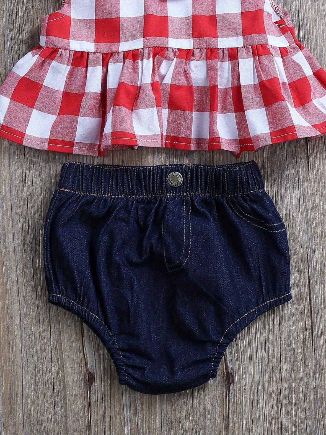3pcs Baby Girls Summer Outfits Red and White Plaid Sleeveless Top and Denim Shorts Set with Headband, Perfect for Outdoor