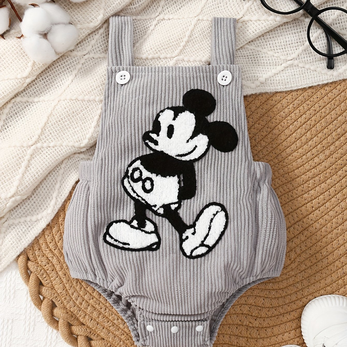 Baby Boys Cartoon Mouse Embroidered Romper Light Grey Corduroy Overalls for Spring Fall